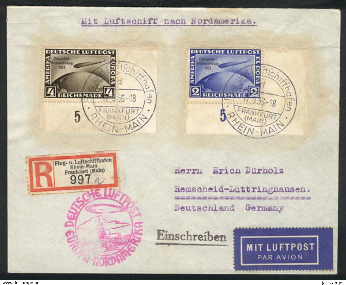 GERMANY: 17/SE/1936 Frankfurt - New York - Remscheid-Luttringhausen: Cover Franked By Sc.C44 + C45 (2M. And 4M. Chikagof - Prephilately