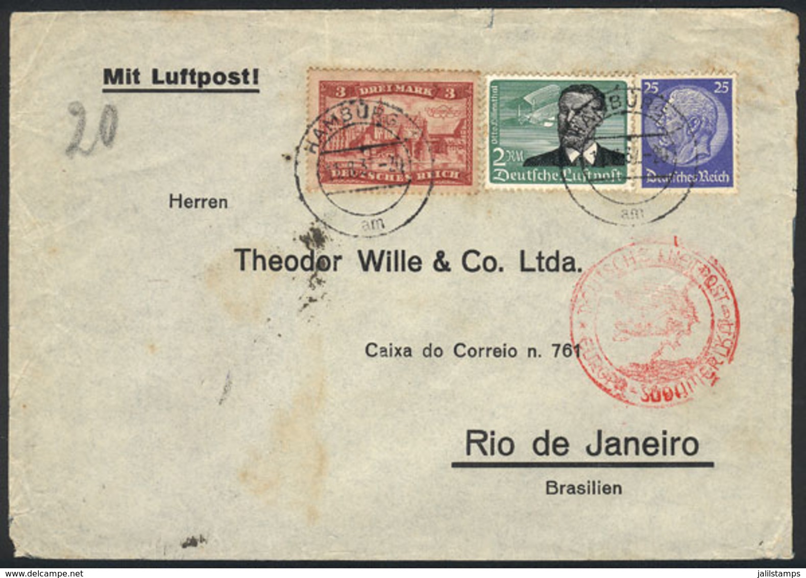 GERMANY: Airmail Cover Sent From Hamburg To Brazil On 11/AU/1937, Franked With 5.25Mk., Fine Quality! - Precursores