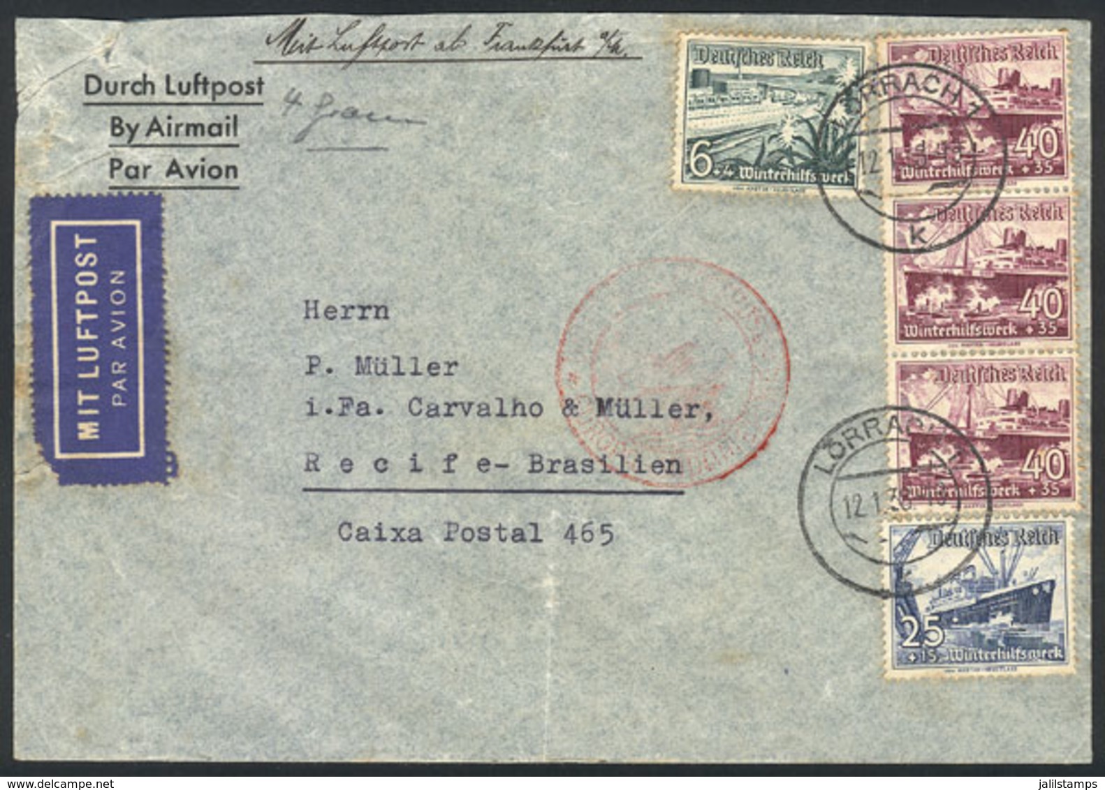 GERMANY: Airmail Cover Sent From Lörrach To Recife (Brazil) On 12/JA/1938, With Very Nice Commemorative Postage! - Prephilately