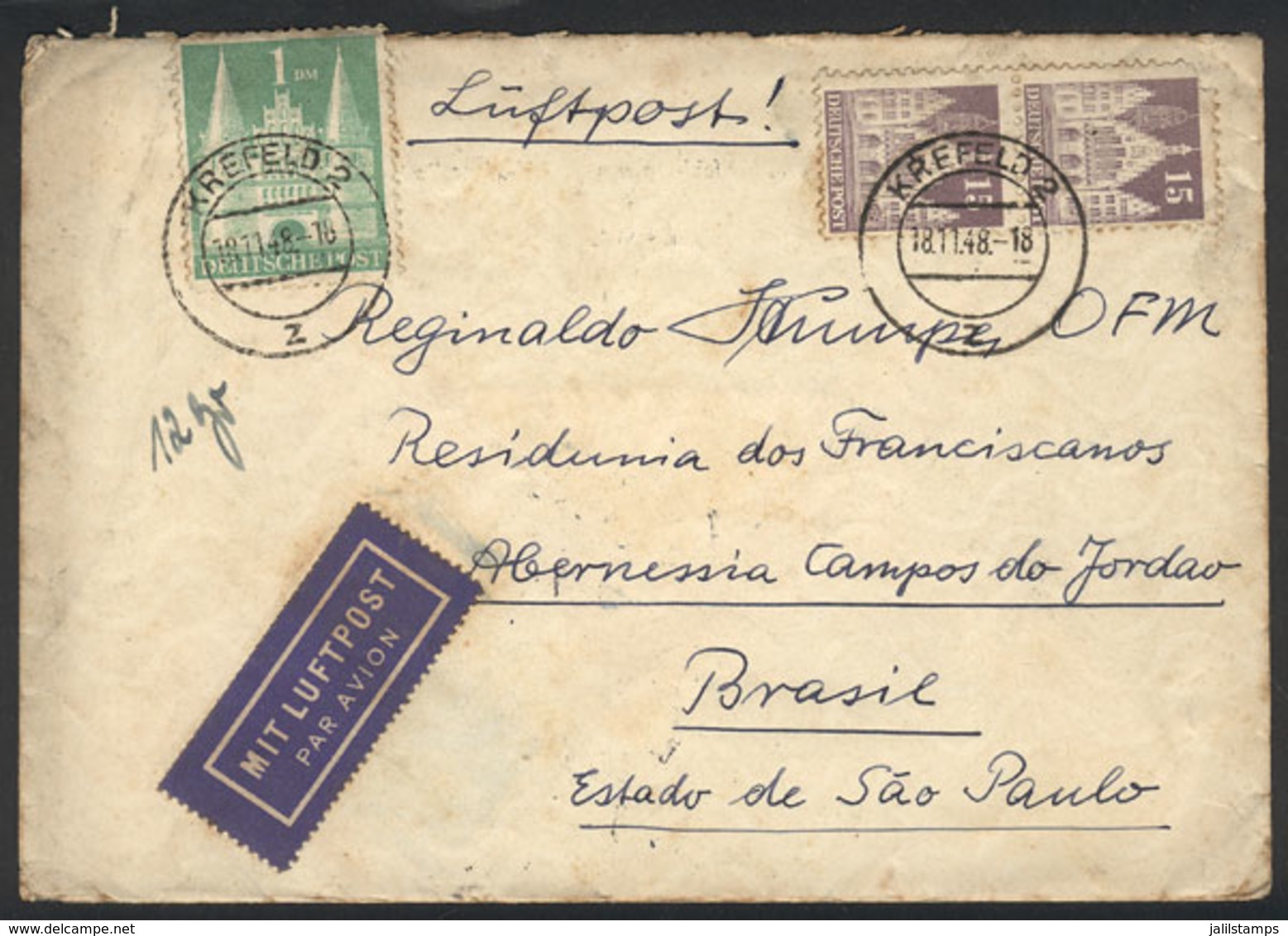 GERMANY: Airmail Cover Sent From Krefeld To Brazil On 18/NO/1948 Franked With 1.30Dm., Interesting! - [Voorlopers