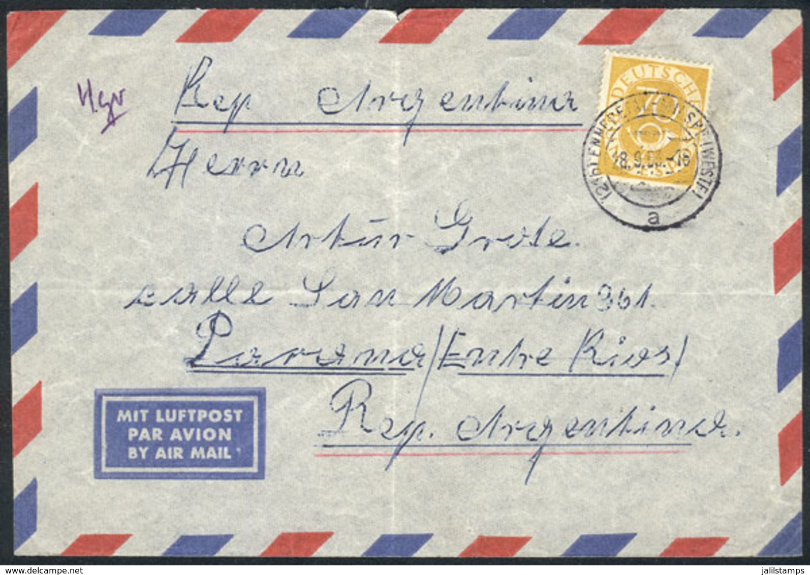 GERMANY: Airmail Cover Franked By Michel 136 Alone, Sent To Argentina On 28/SE/1953, Fine Quality, Catalog Value Euros 1 - Vorphilatelie