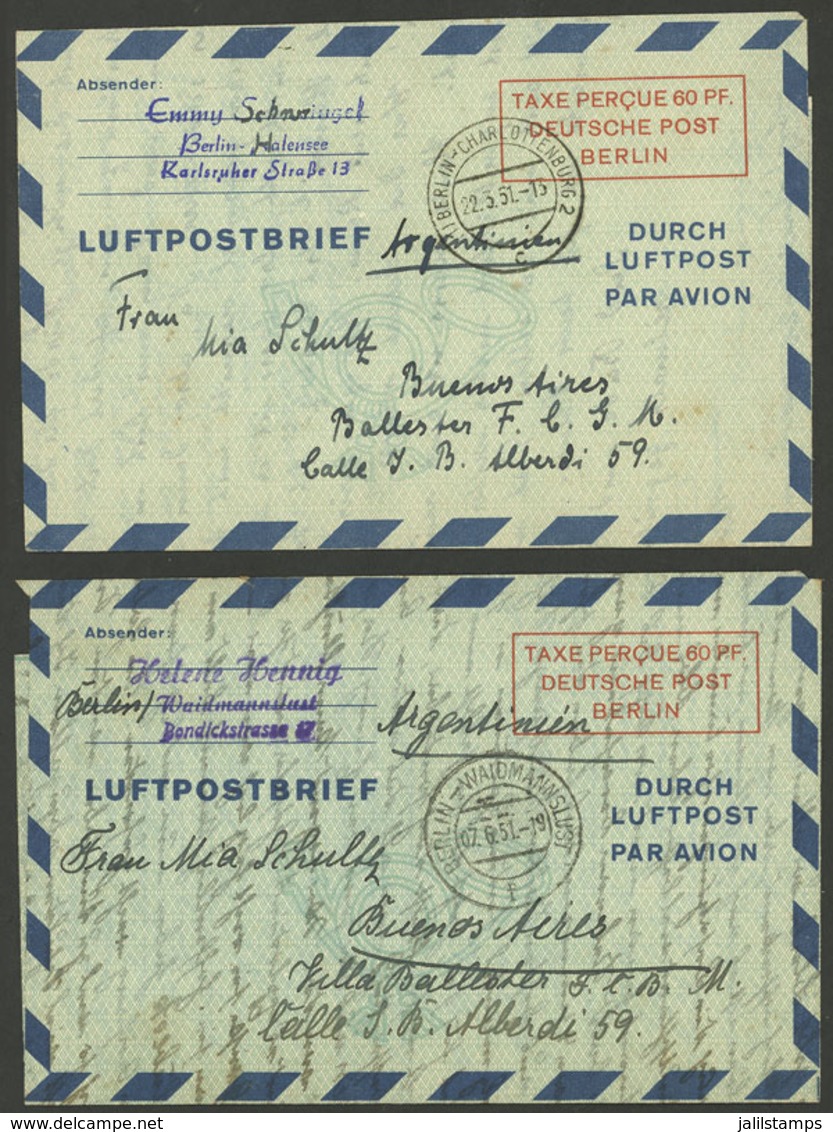 GERMANY - BERLIN: 2 Aerograms Of 60Pf. Sent To Argentina On 22/MAR And 7/JUN/1951, Interesting! - Storia Postale