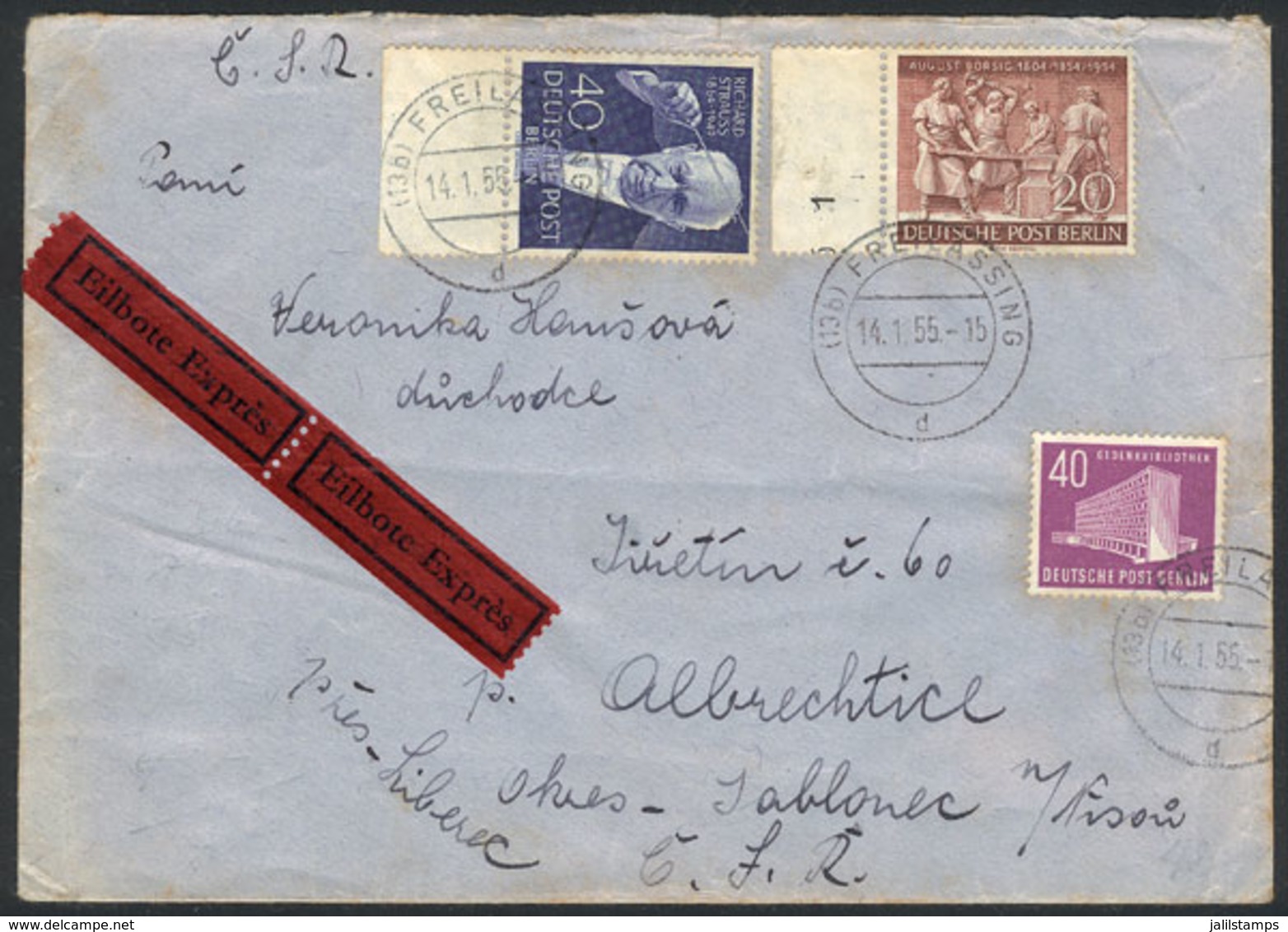 GERMANY - BERLIN: Express Cover Sent To Czechoslovakia On 14/JA/1955, Nice Postage! - Covers & Documents