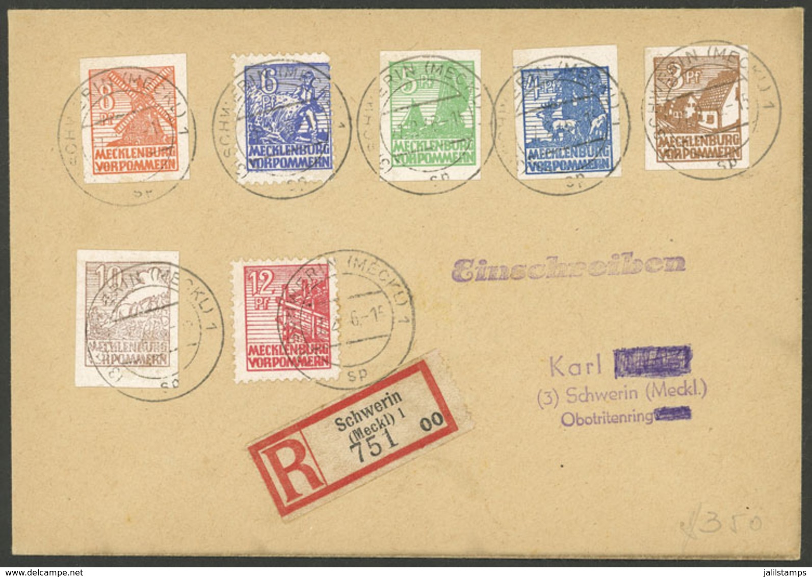 EAST GERMANY: Registered Cover Franked With 7 Stamps Of Mecklenburg-Vorpommern Used In Schwerin On 27/DE/1946, VF Qualit - Cartas & Documentos