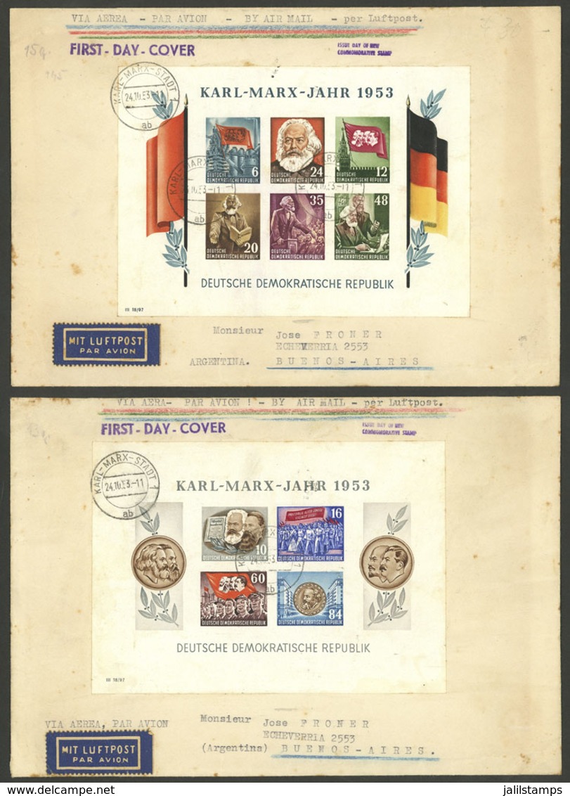 EAST GERMANY: Michel Souvenir Sheets 8/9, Karl Marx, Cmpl. Set Of 2 Imperforate S.sheets On Covers Sent To Argentina, Ca - Brieven En Documenten