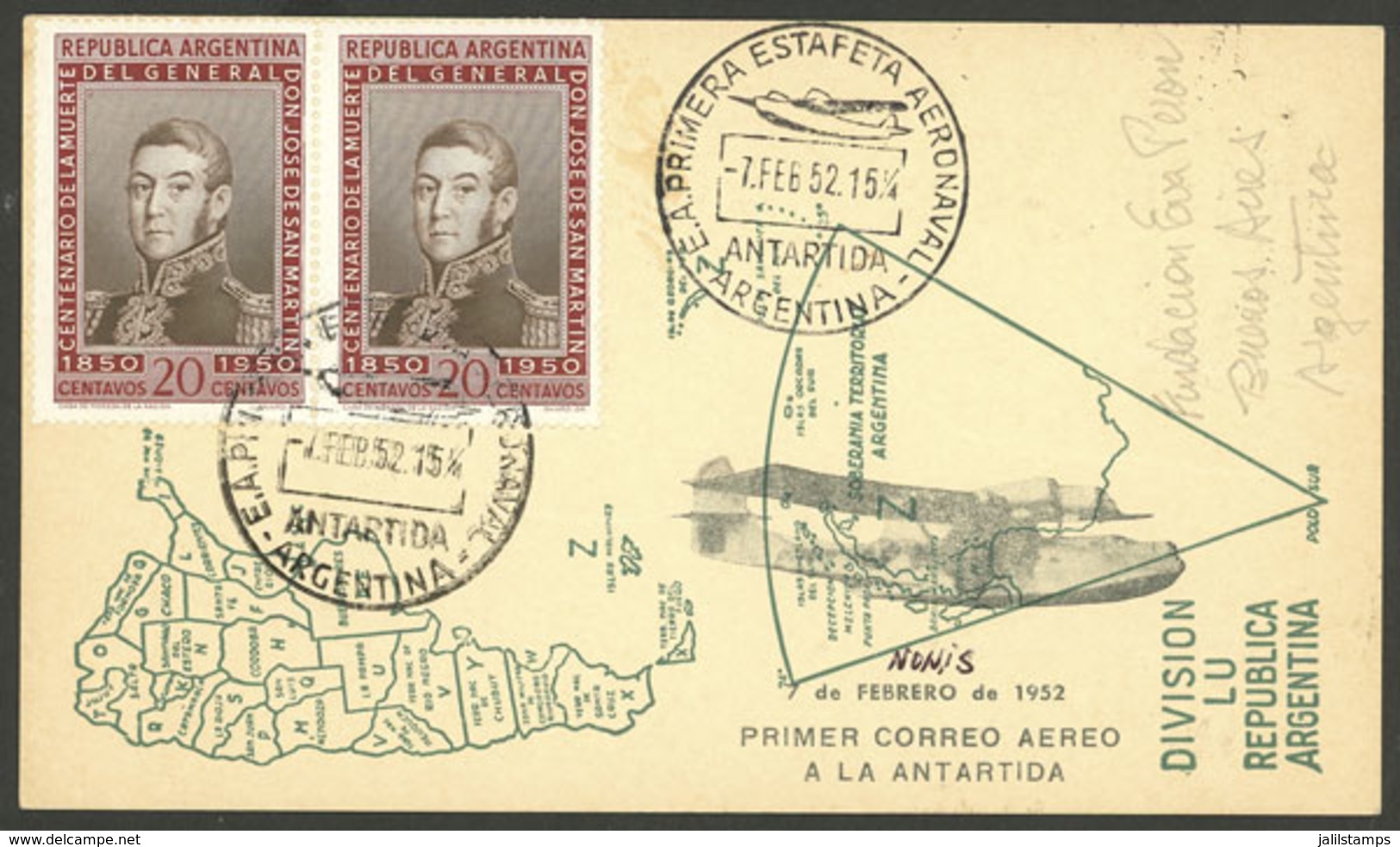 ARGENTINE ANTARCTICA: FIRST AIRMAIL TO ANTARCTICA: Card Franked With 40c. And Cancelled "E.A. PRIMERA ESTAFETA AERONAVAL - Sonstige & Ohne Zuordnung