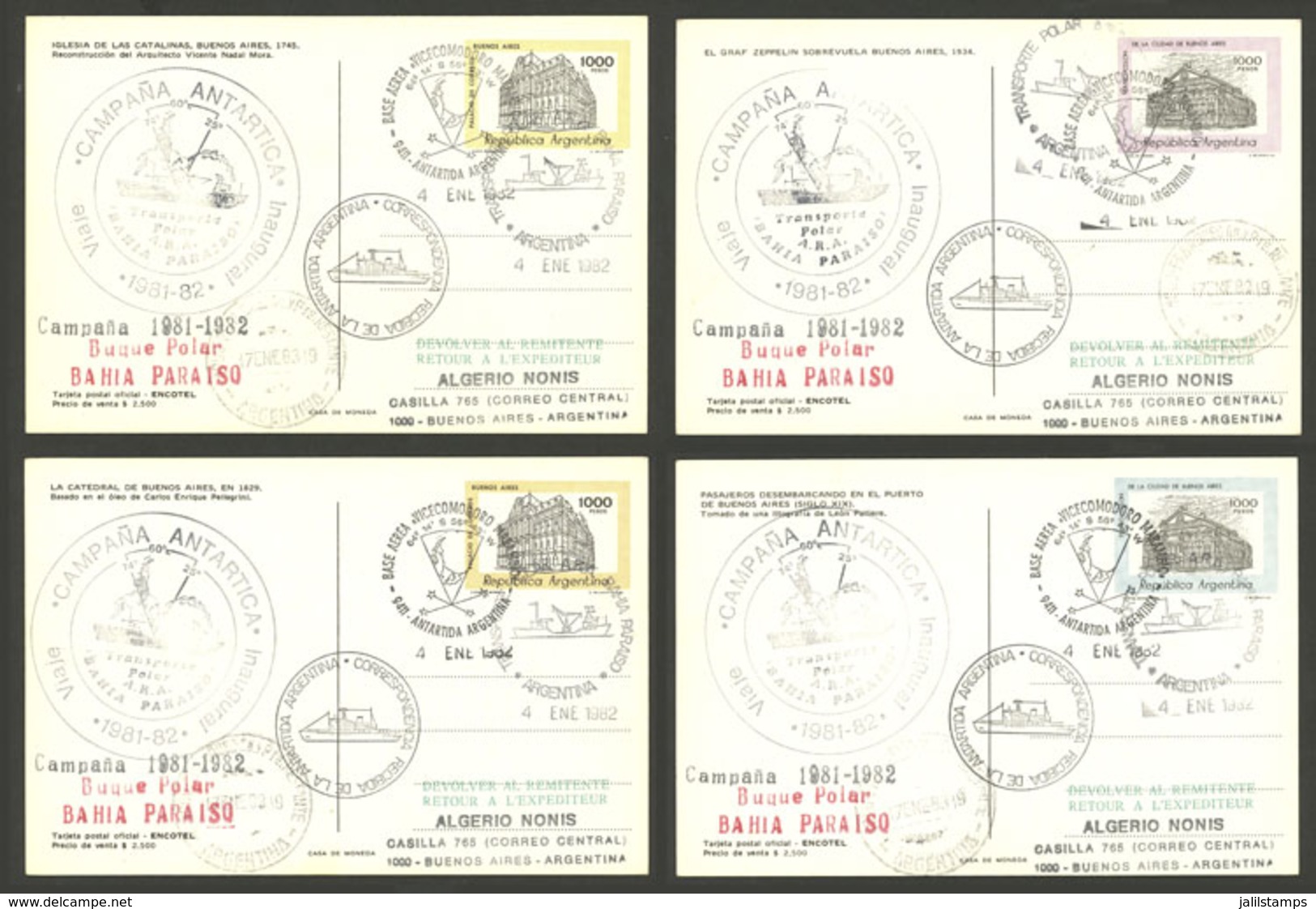 ARGENTINE ANTARCTICA: Antarctic Campaign Of Polar Ship BAHÍA PARAÍSO, Used Postal Cards GJ.98/101 With Special Marks Of  - Autres & Non Classés