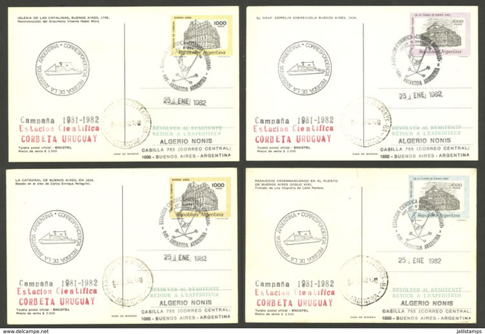 ARGENTINE ANTARCTICA: CORBETA URUGUAY Antarctic Station, Used Postal Cards GJ.98/101 With Special Marks And Datestamp Of - Autres & Non Classés