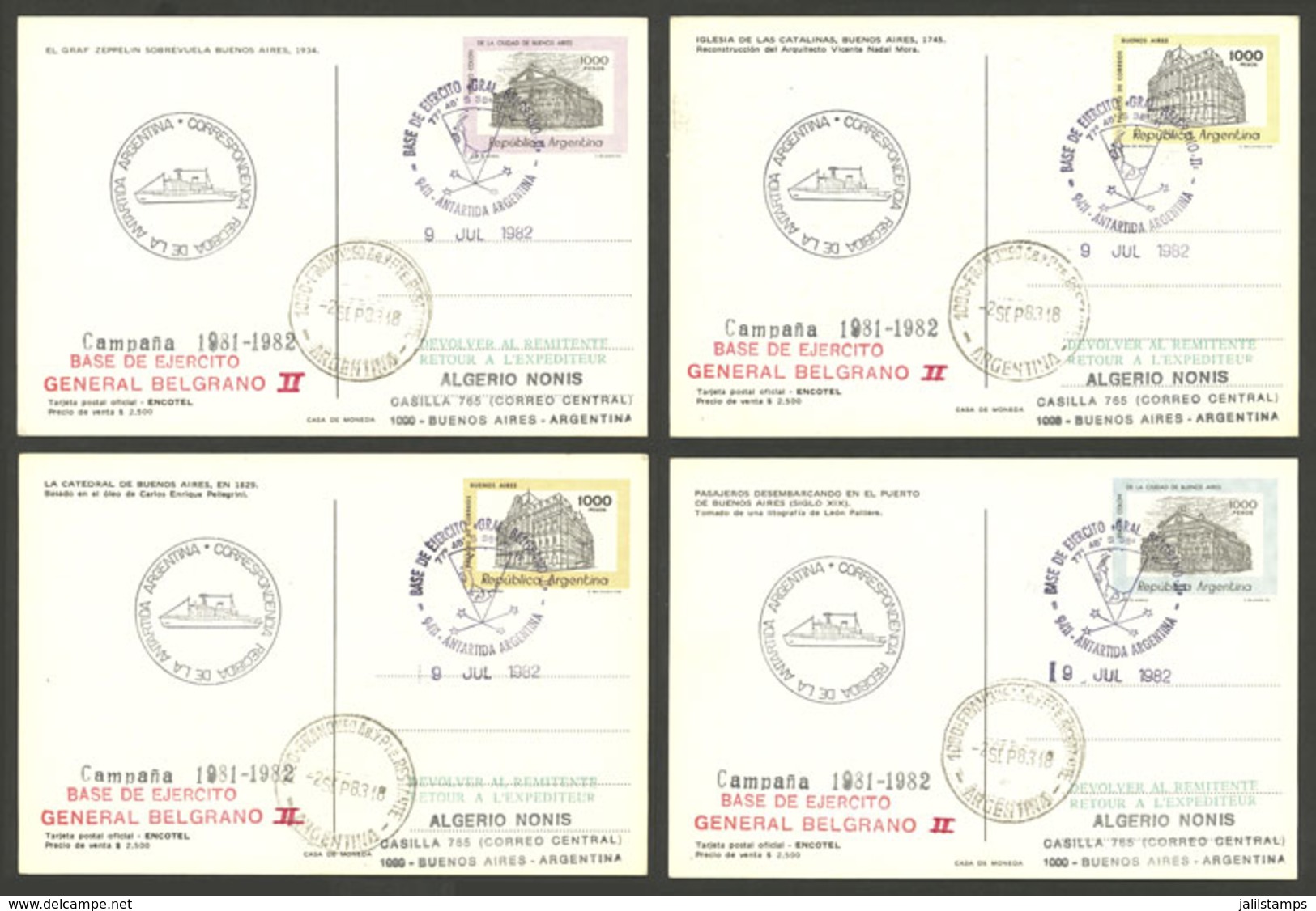 ARGENTINE ANTARCTICA: GRAL. BELGRANO II Antarctic Station, Used Postal Cards GJ.98/101 With Special Marks And Datestamp  - Otros & Sin Clasificación