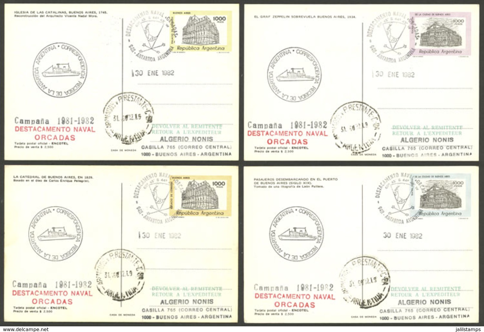 ARGENTINE ANTARCTICA - ORCADAS: ORCADAS Station, Used Postal Cards GJ.98/101 With Special Marks And Datestamp Of The Sta - Autres & Non Classés