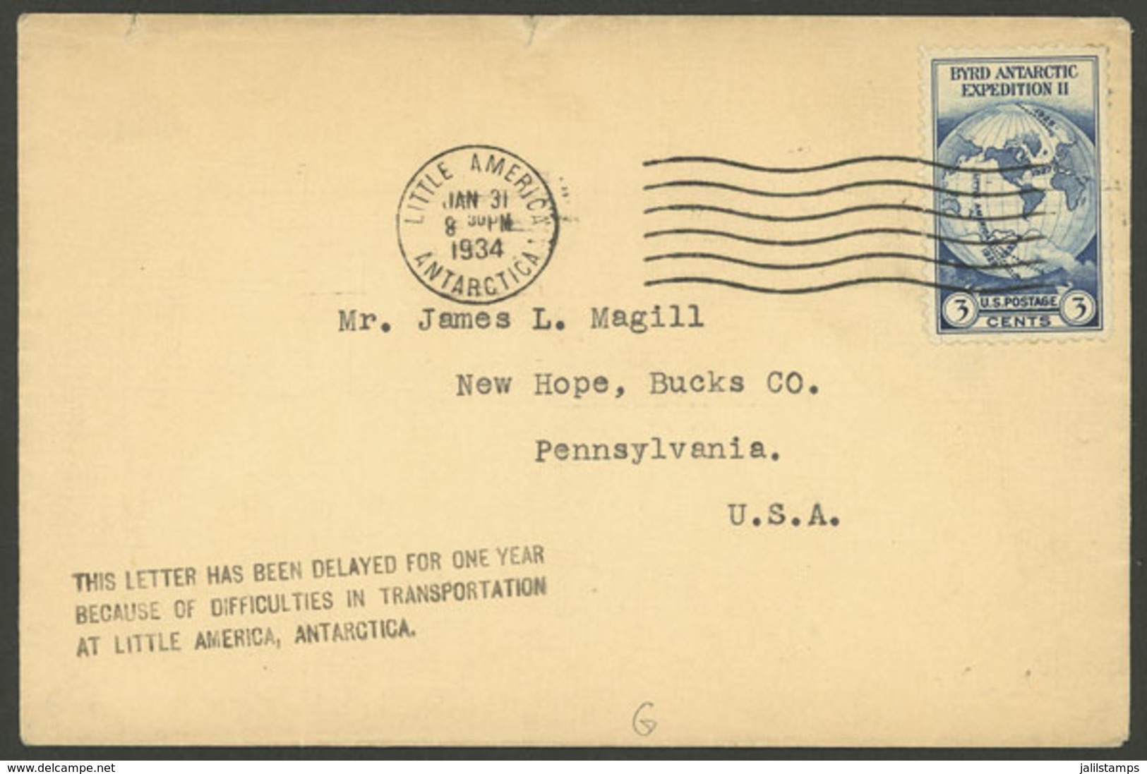 UNITED STATES - ANTARCTICA: Cover Sent From Little America To Pennsylvania On 31/JA/1934, Arrival On 25/MAR/1935 (backst - Otros & Sin Clasificación