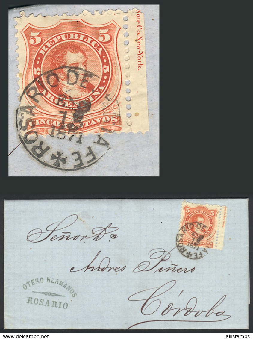 ARGENTINA: GJ.38, 5c. Rivadavia, Sheet Margin With Printer Imprint, Franking An Entire Letter Sent To Córdoba On 16/JA/1 - Storia Postale
