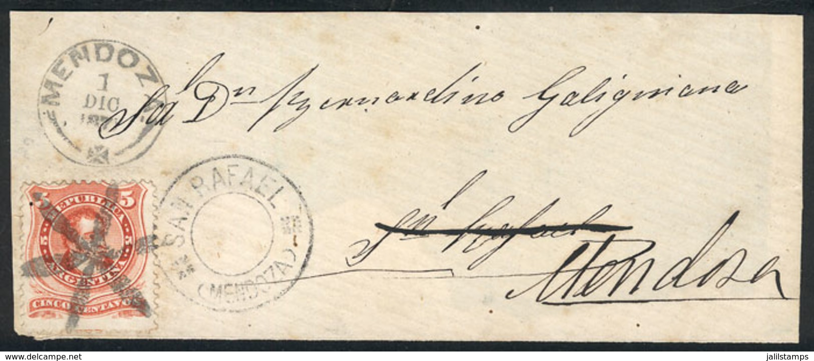 ARGENTINA: GJ.38, Franking A Cover Front Sent From Mendoza To San Rafael On 1/DE/187? With Mute "6 Joined Wedges" Cancel - Storia Postale
