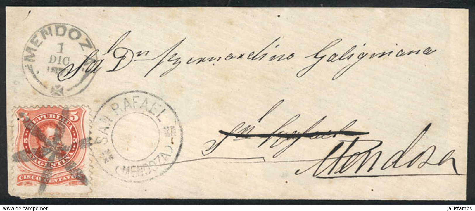 ARGENTINA: GJ.38, Franking A Cover Front Sent From Mendoza To San Rafael On 1/DE/187? With Mute "6 Joined Wedges" Cancel - Cartas & Documentos