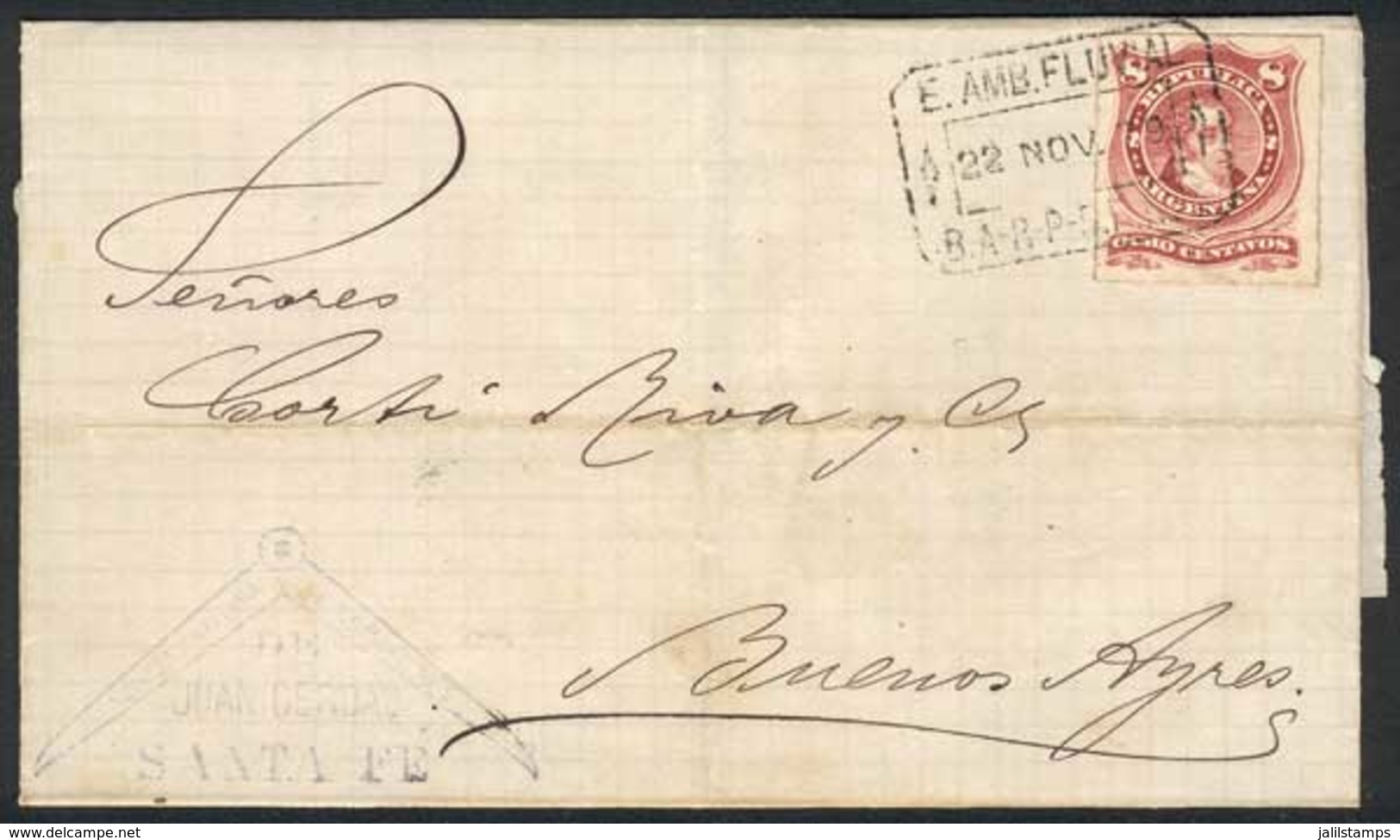 ARGENTINA: Folded Cover Dated In SANTA FE, Franked By GJ.48 With Rare Rectangular Datestamp "E.AMB.FLUVIAL - B.A.R.P.S.F - Cartas & Documentos