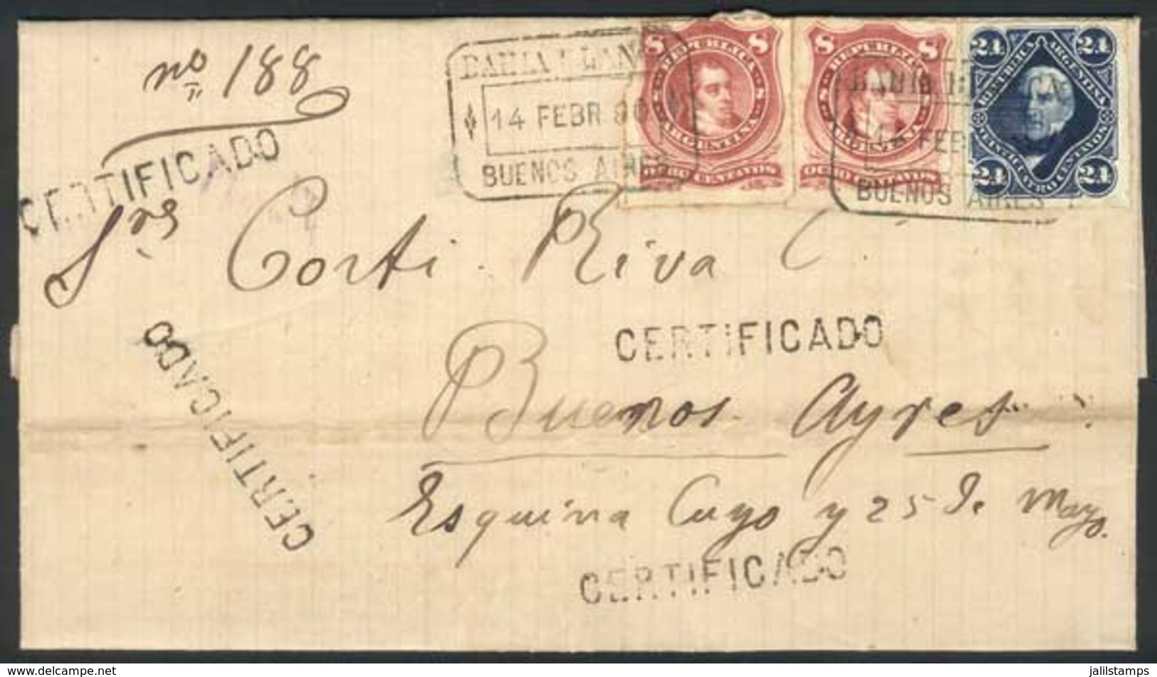 ARGENTINA: Registered Complete Folded Letter Franked By GJ.49 X2 + 52, With Rectangular Datestamp BAHIA BLANCA 14/FEB/18 - Covers & Documents