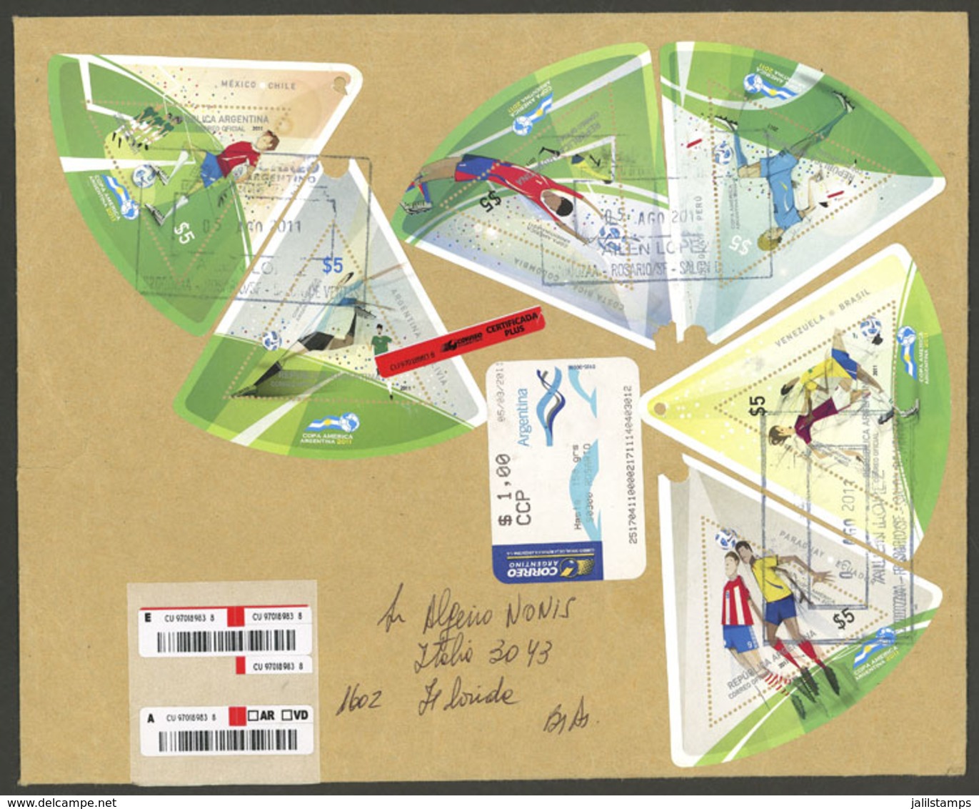 ARGENTINA: GJ.HB 225/230, 2011 Copa América Football Championship, Cmpl. Set Of 6 S.sheets Franking A Registered Cover S - Lettres & Documents