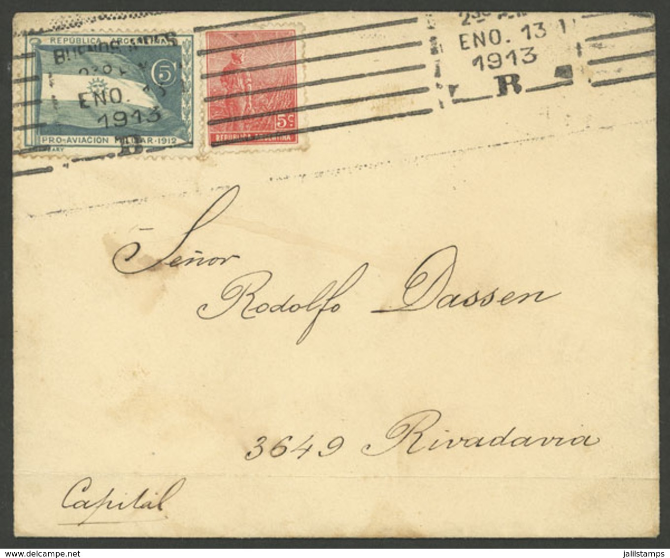 ARGENTINA: Cover Used In Buenos Aires On 13/JA/1913 Franked With 5c. Plowman + Cinderella Of 5c. MILITARY AVIATION, Very - Cartas