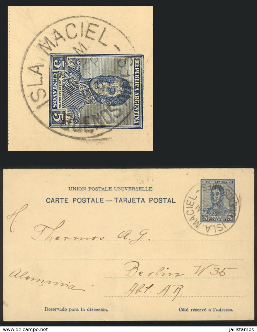 ARGENTINA: 5c. San Martín Postal Card Sent To Germany On 30/SE/1920, With Very Rare Postmark Of 'ISLA MACIEL', VF Qualit - Storia Postale
