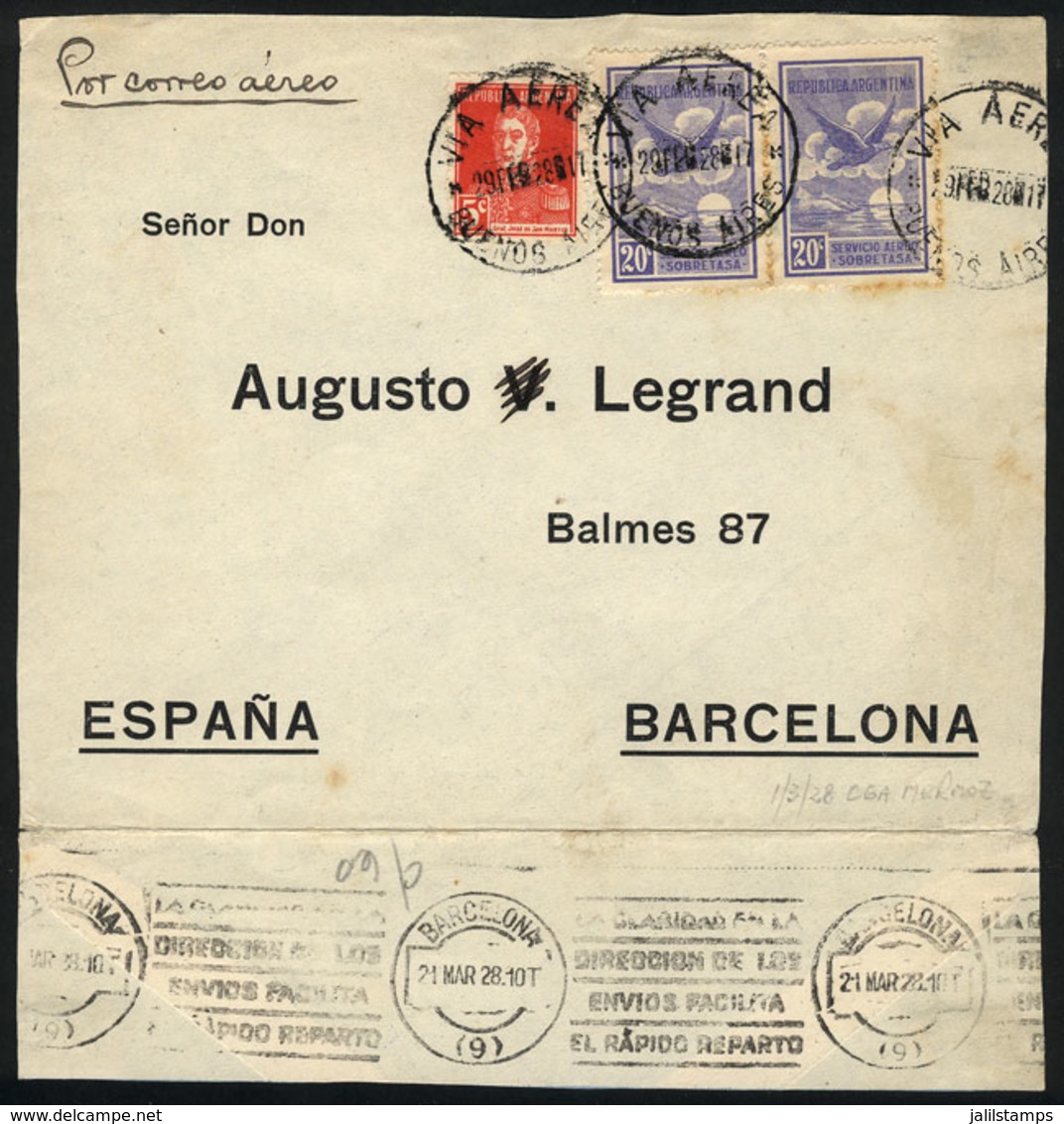 ARGENTINA: Front (and Part Of Back) Of An Airmail Cover Sent From Buenos Aires To Barcelona On 29/FE/1928, Carried On Th - Briefe U. Dokumente