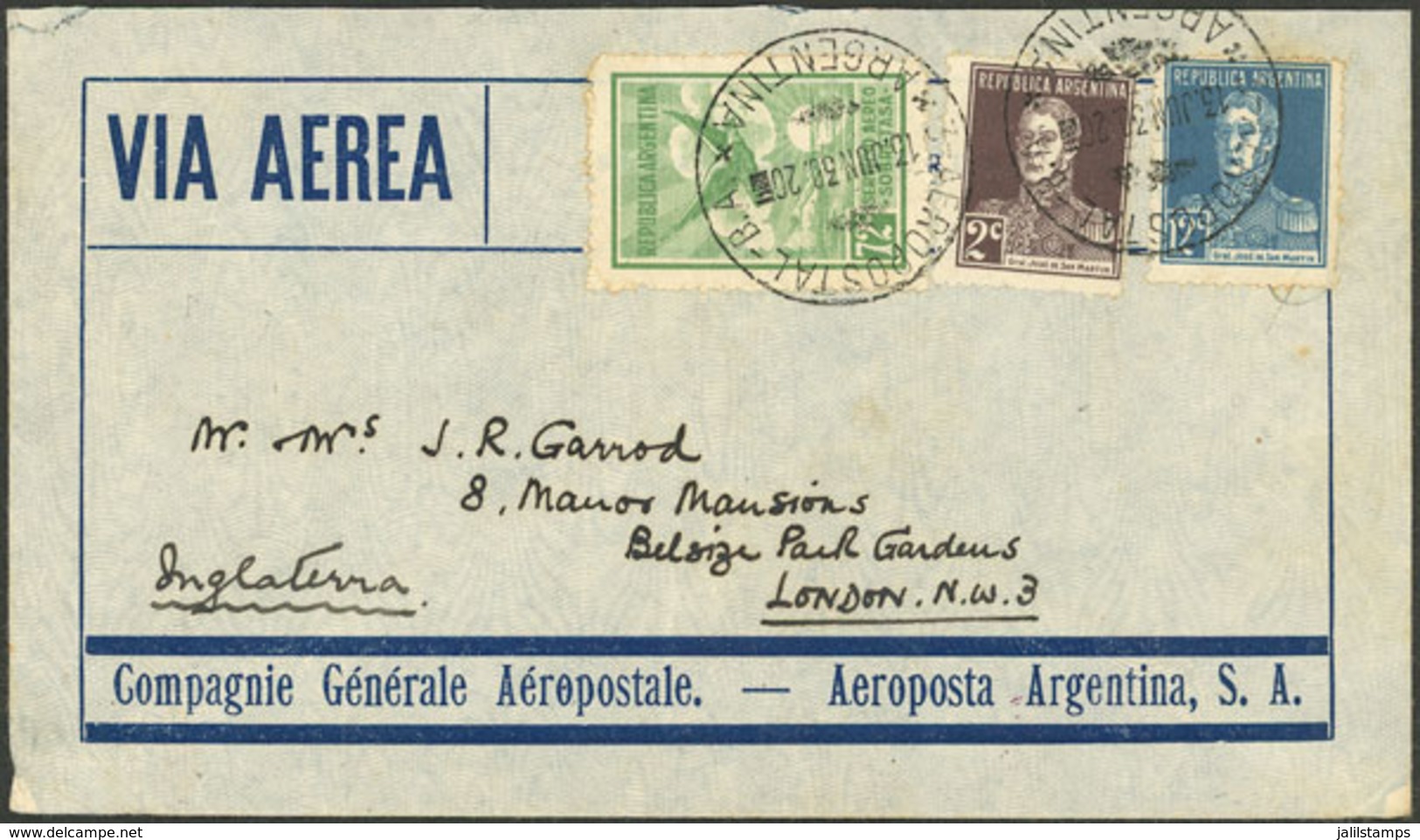 ARGENTINA: 13/JUN/1930 Buenos Aires - England, Airmail Cover Flown By Aeropostale Franked With 86c., Transit Backstamp O - Cartas