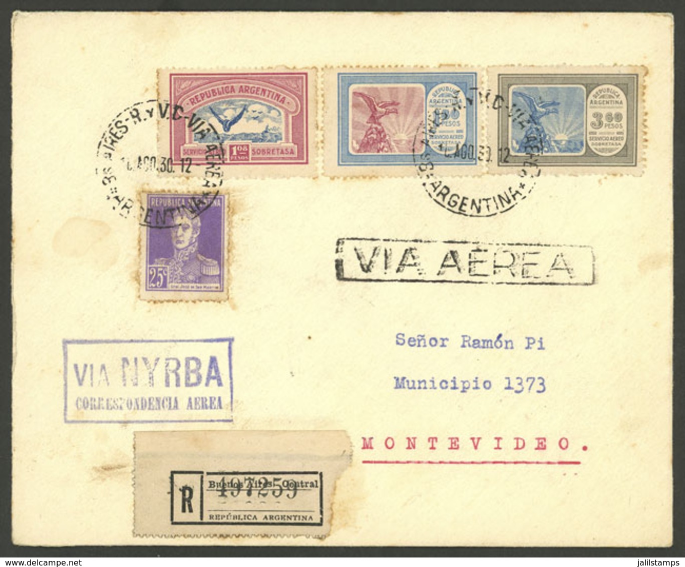 ARGENTINA: 16/AU/1930 Buenos Aires - Montevideo, Registered Airmail Cover Sent By NYRBA, Franked With High Values Of The - Storia Postale