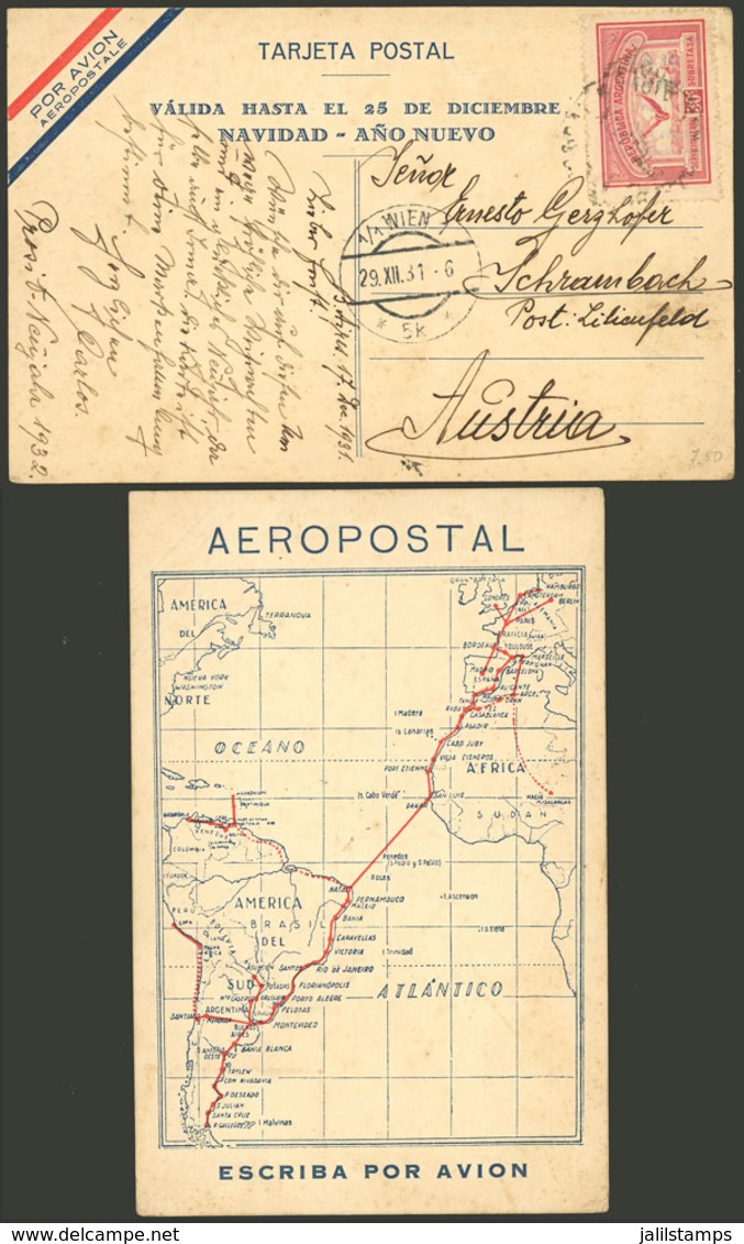 ARGENTINA: Special New Year Greeting Card Of Cia. General AEROPOSTAL Franked With 30c. And Sent From Buenos Aires To Aus - Cartas