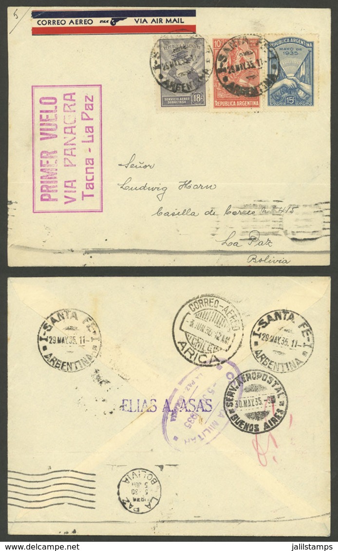 ARGENTINA: 29/MAY/1935 Santa Fe - La Paz (Bolivia), Cover Flown On PANAGRA Flight Between Tacna (Peru) And La Paz, With  - Lettres & Documents