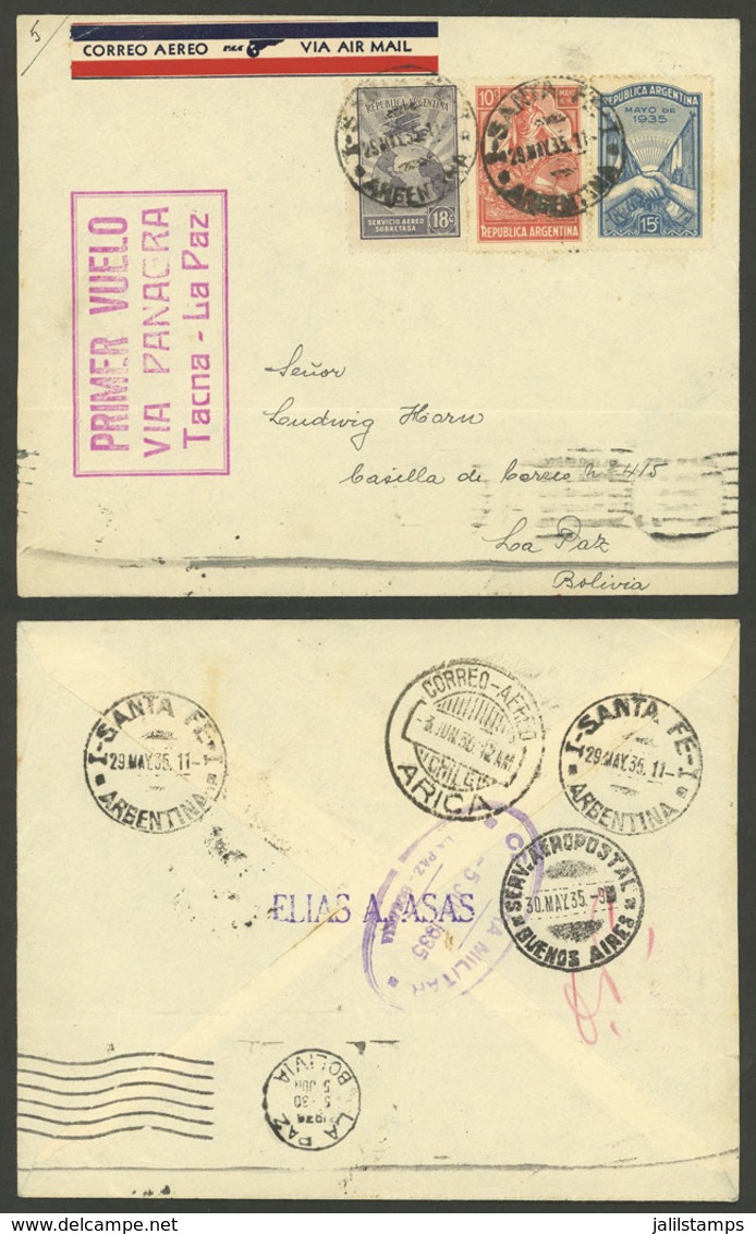 ARGENTINA: 29/MAY/1935 Santa Fe - La Paz (Bolivia), Cover Flown On PANAGRA Flight Between Tacna (Peru) And La Paz, With  - Covers & Documents