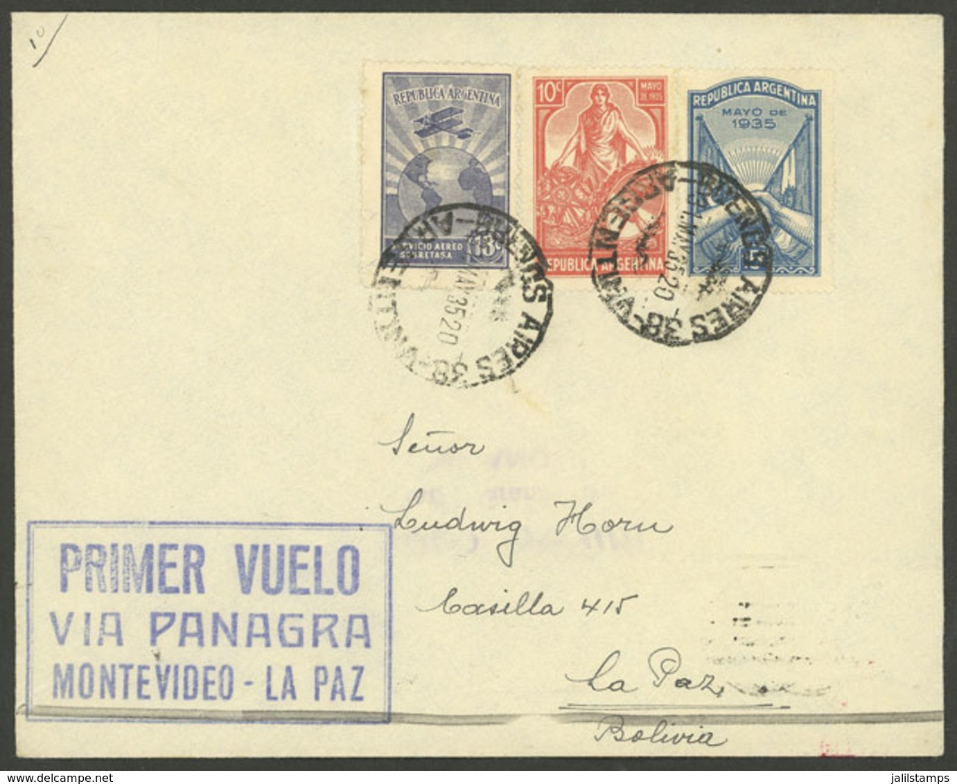 ARGENTINA: 31/MAY/1935 Buenos Aires - La Paz, Cover Carried On PANAGRA Inaugural Flight Montevideo - La Paz (Bolivia), V - Covers & Documents