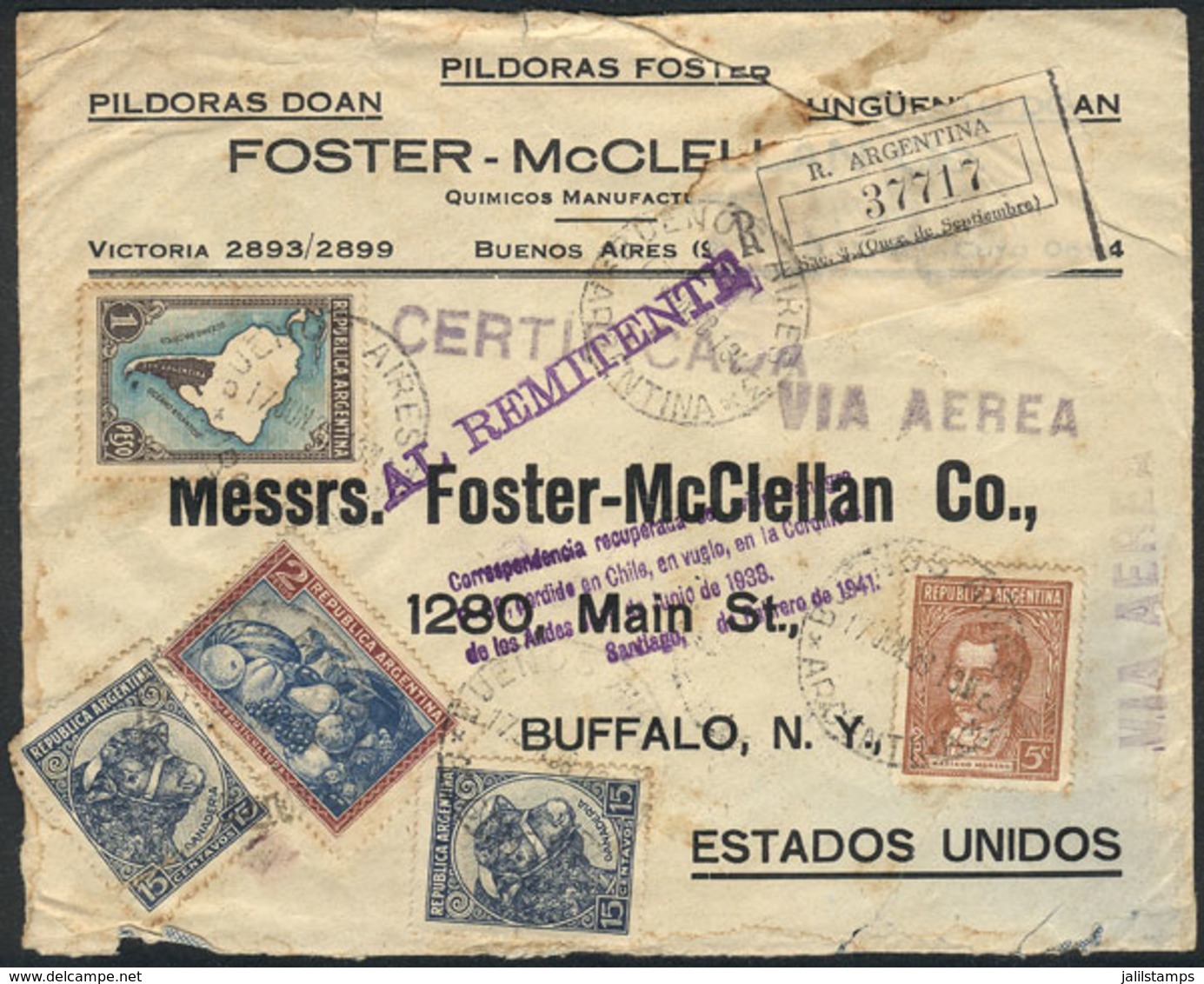 ARGENTINA: CRASH COVER: Commercial Cover Sent From Buenos Aires To USA On 17/JUN/1938 By Registered Airmail (franked $3. - Lettres & Documents