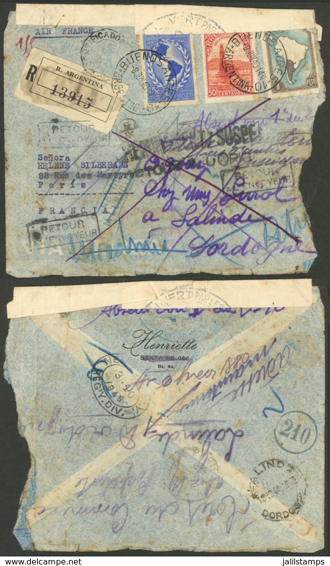 ARGENTINA: DELAY OF OVER 5 YEARS TO RETURN TO SENDER: Registered Airmail Cover Sent To France On 8/JUN/1940, By Air Fran - Storia Postale