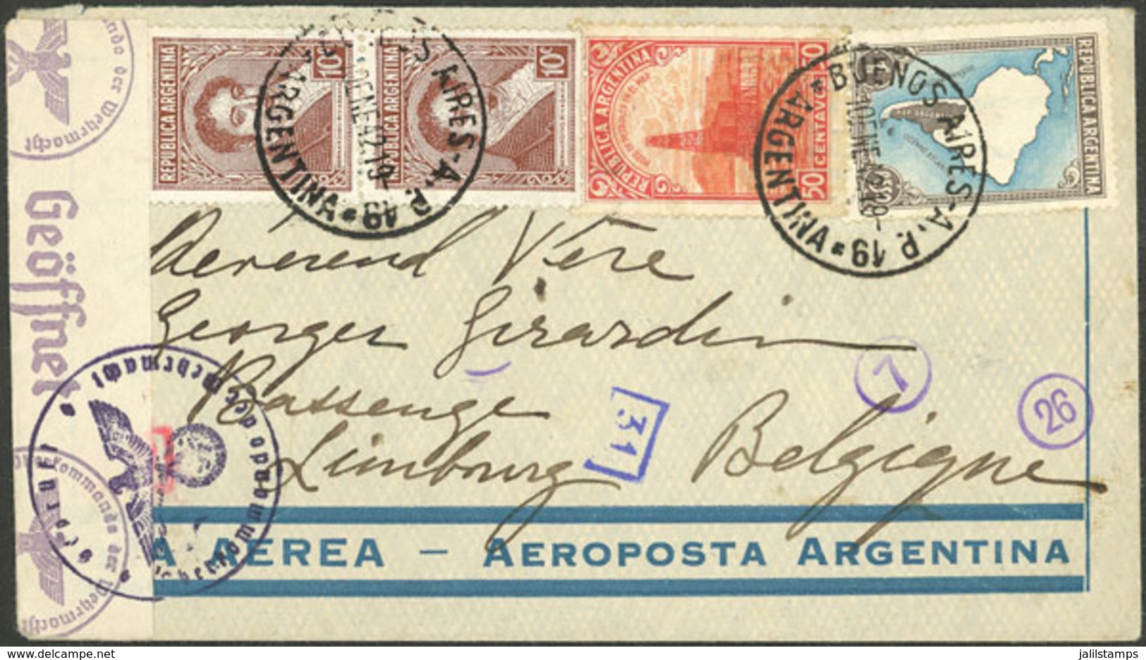 ARGENTINA: 10/JA/1942 Buenos Aires - Belgium, Airmail Cover Franked With 1.70P., With Nazi Censor And Interesting Marks, - Lettres & Documents