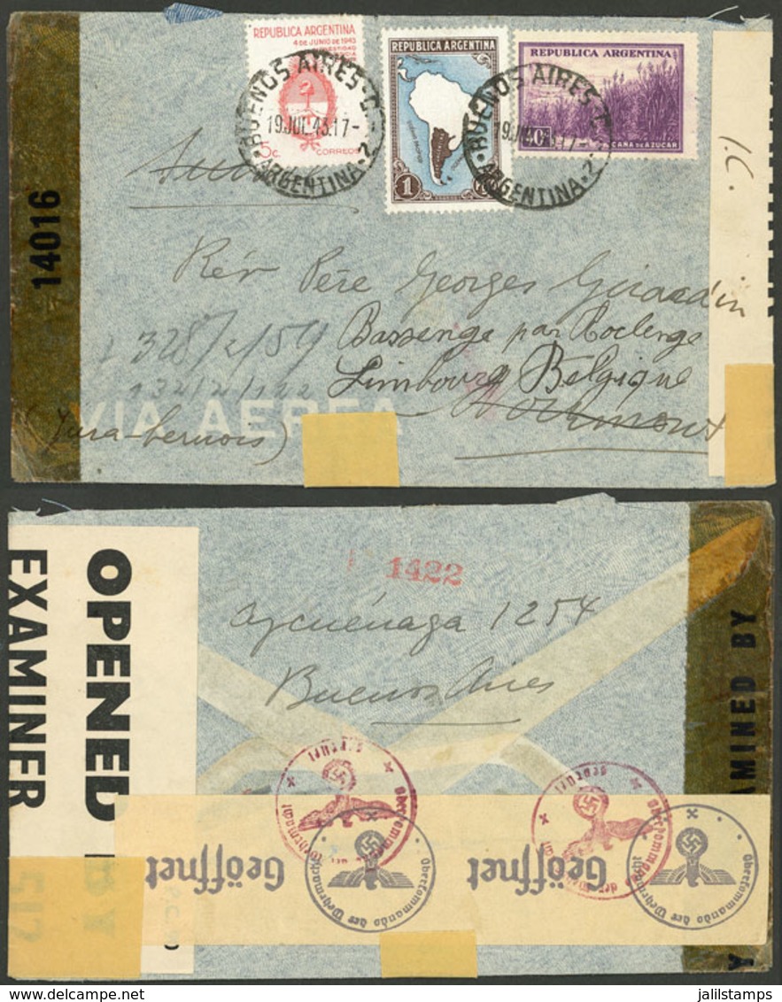 ARGENTINA: 19/JUL/1943 Buenos Aires - Belgium, Airmail Cover With 1.45P. Postage (including The 1P. Map On Chalky Paper) - Lettres & Documents