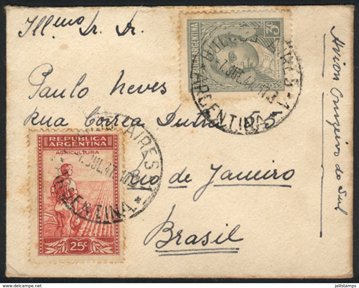 ARGENTINA: Small Cover Franked With 28c., Sent From Buenos Aires To Rio De Janeiro On 7/JUL/1947 Via "Cruzeiro Do Sul Ai - Cartas