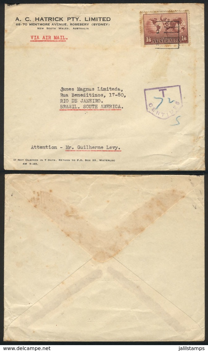 AUSTRALIA: Airmail Cover Sent From Rosebery (Sydney) To Rio De Janeiro Franked With 1S.6p., Due Mark, With Stain Spots,  - Briefe U. Dokumente