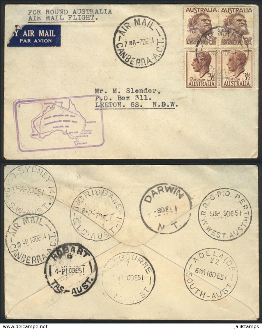 AUSTRALIA: 7/DE/1951: Round Australia Air Mail Flight, With Postmarks Of Various Cities On Back, Minor Defect, Very Nice - Covers & Documents