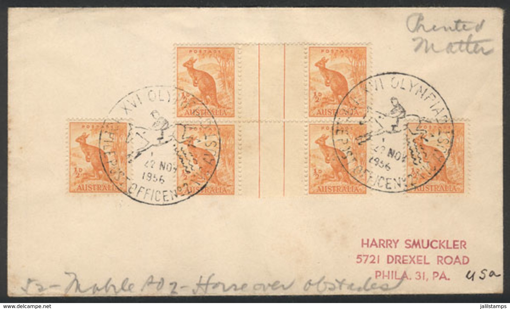 AUSTRALIA: Cover Of 22/NO/1956 With Special Postmarks Of The Melbourne Olympic Games: EQUESTRIAN (JUMPING) - Cartas & Documentos