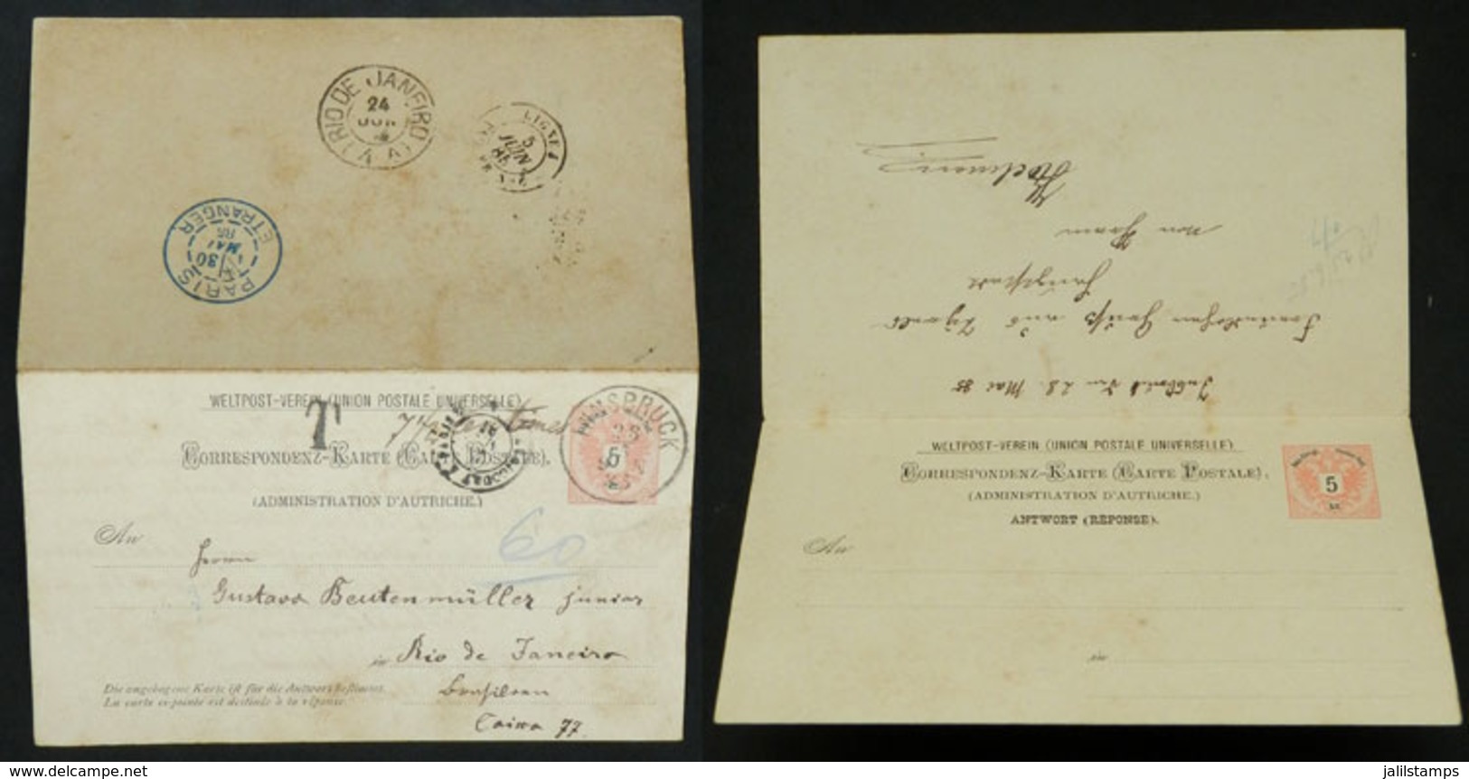 AUSTRIA: Double Postal Card Of 5Kr. + 5Kr., Sent To Brazil On 28/MAY/1885, With The Unused Reply Attached, VF Quality! - Lettres & Documents