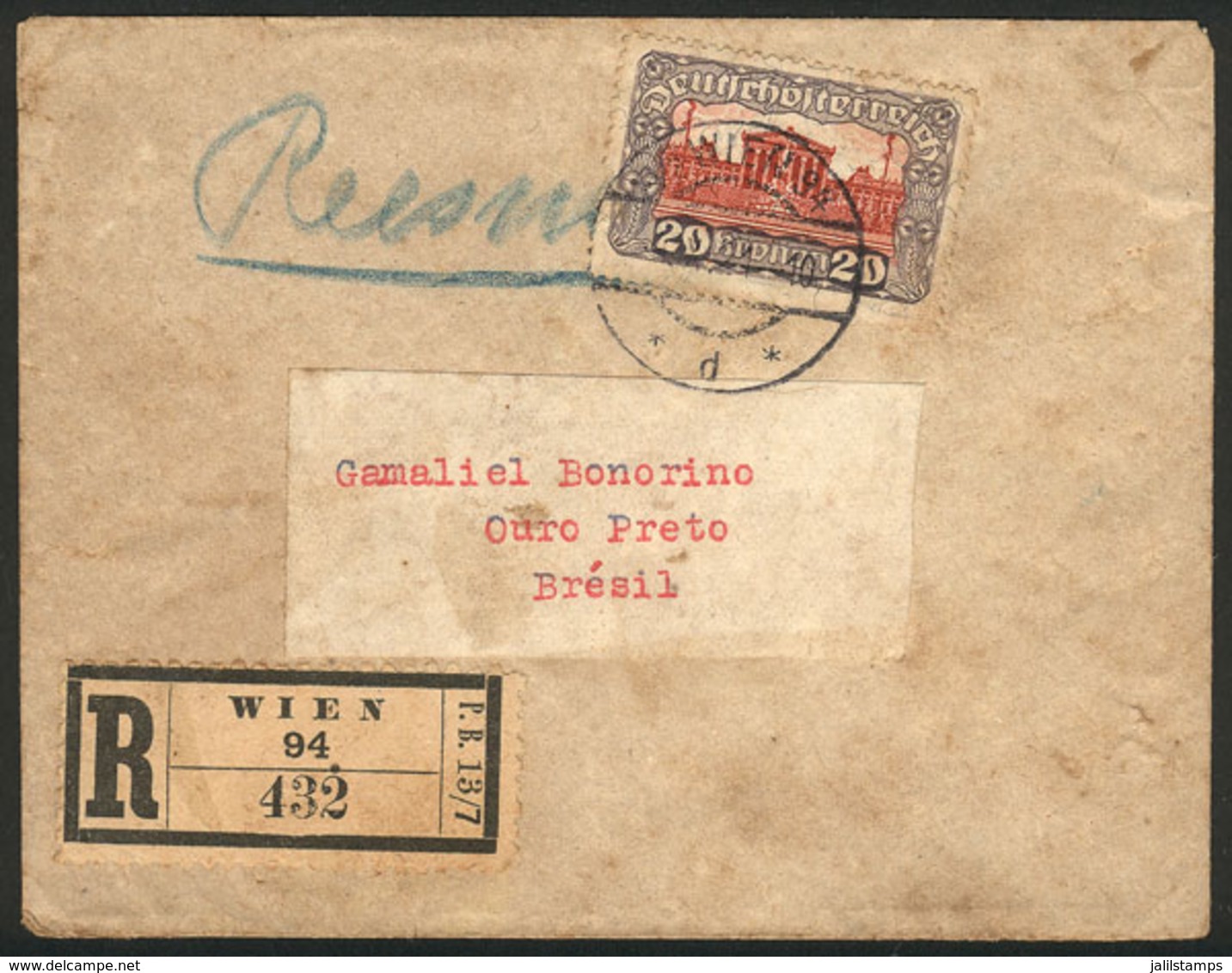 AUSTRIA: Registered Cover Sent From Wien To Ouro Preto (Brazil) On 4/OC/1921, Franked With 20Kr. (Sc.226) ALONE, Rare De - Covers & Documents