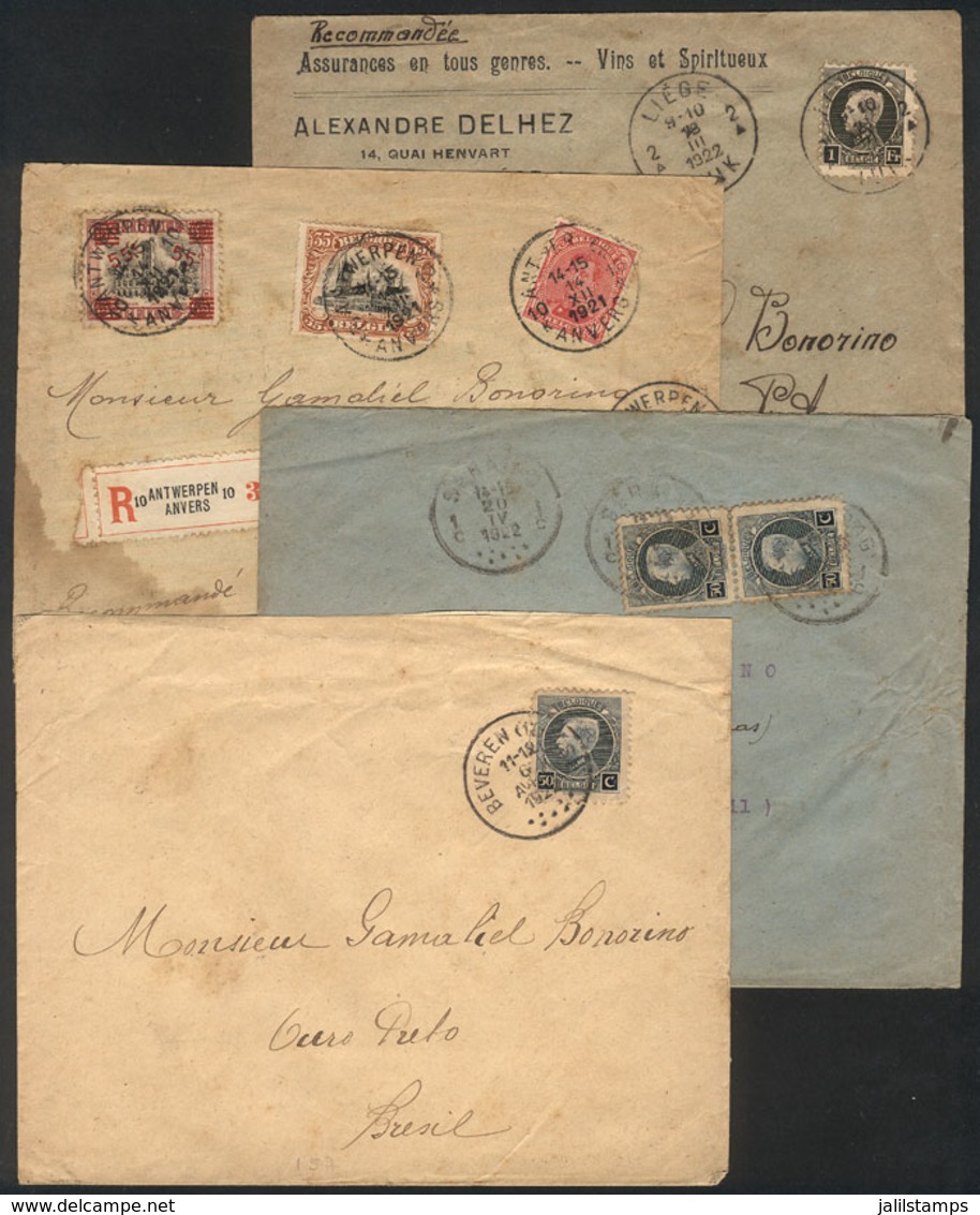 BELGIUM: 4 Covers Sent To Brazil In 1921/2, 3 Registered, Nice Postages, With Minor Defects, Good Opportunity! - 1921-1925 Petit Montenez