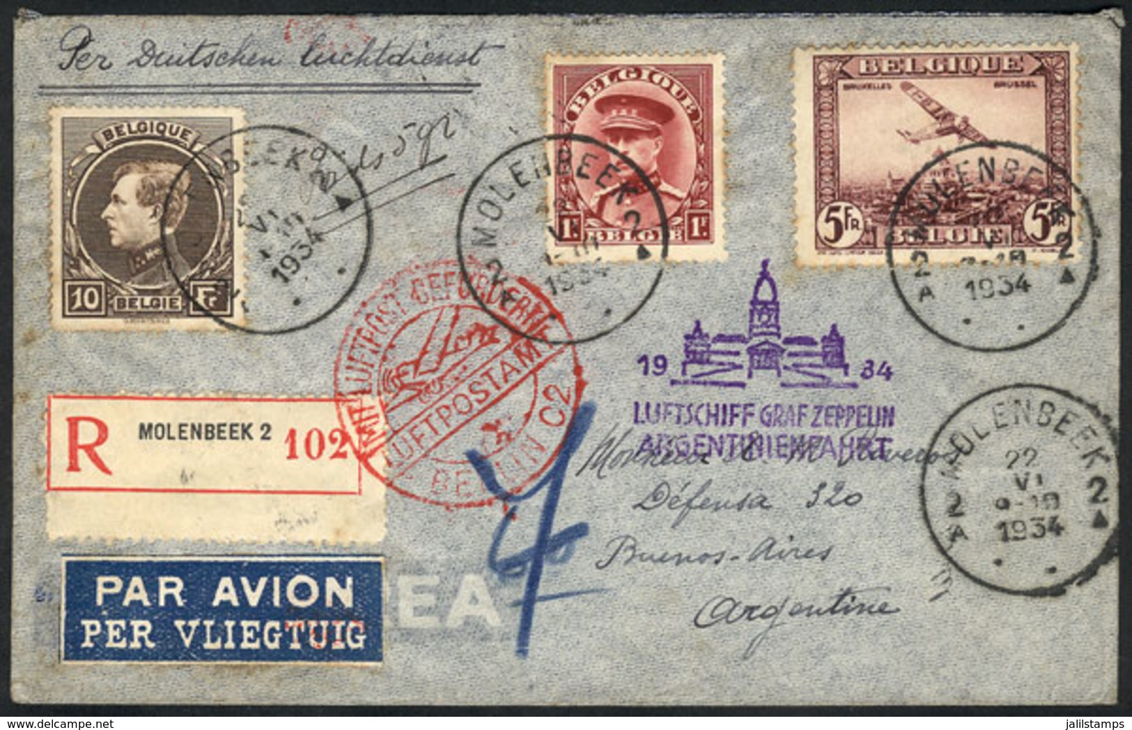 BELGIUM: 22/JUN/1934 MOLENBEEK - ARGENTINA Via ZEPPELIN: Cover Franked With Fr.16, Sent By Registered Mail To Buenos Air - 1921-1925 Piccolo Montenez