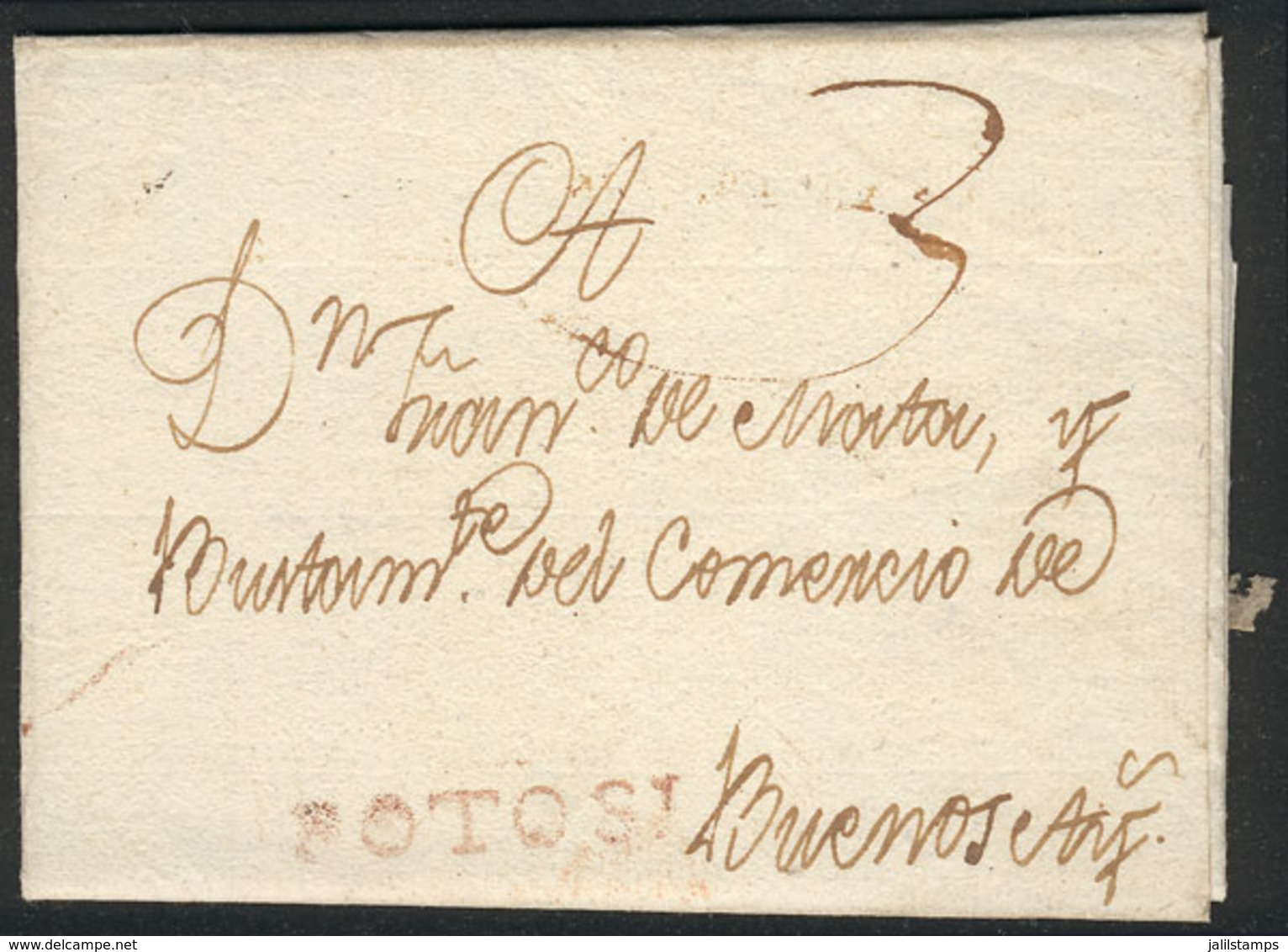 BOLIVIA: 26/MAR/1894 POTOSI - Buenos Aires: Entire Letter Of Excellent Quality, With Straightline POTOSI Mark In Red And - Bolivien