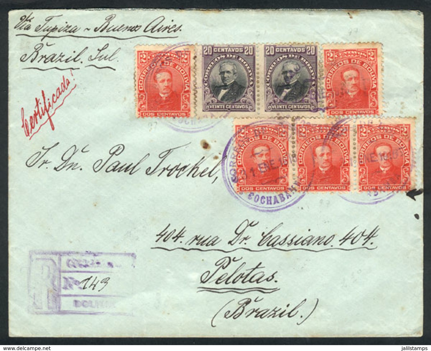 BOLIVIA: Registered Cover Sent From Cochabamba To Pelotas (Brazil) On 31/JA/1916 With Nice Postage Of 50c., With Transit - Bolivien