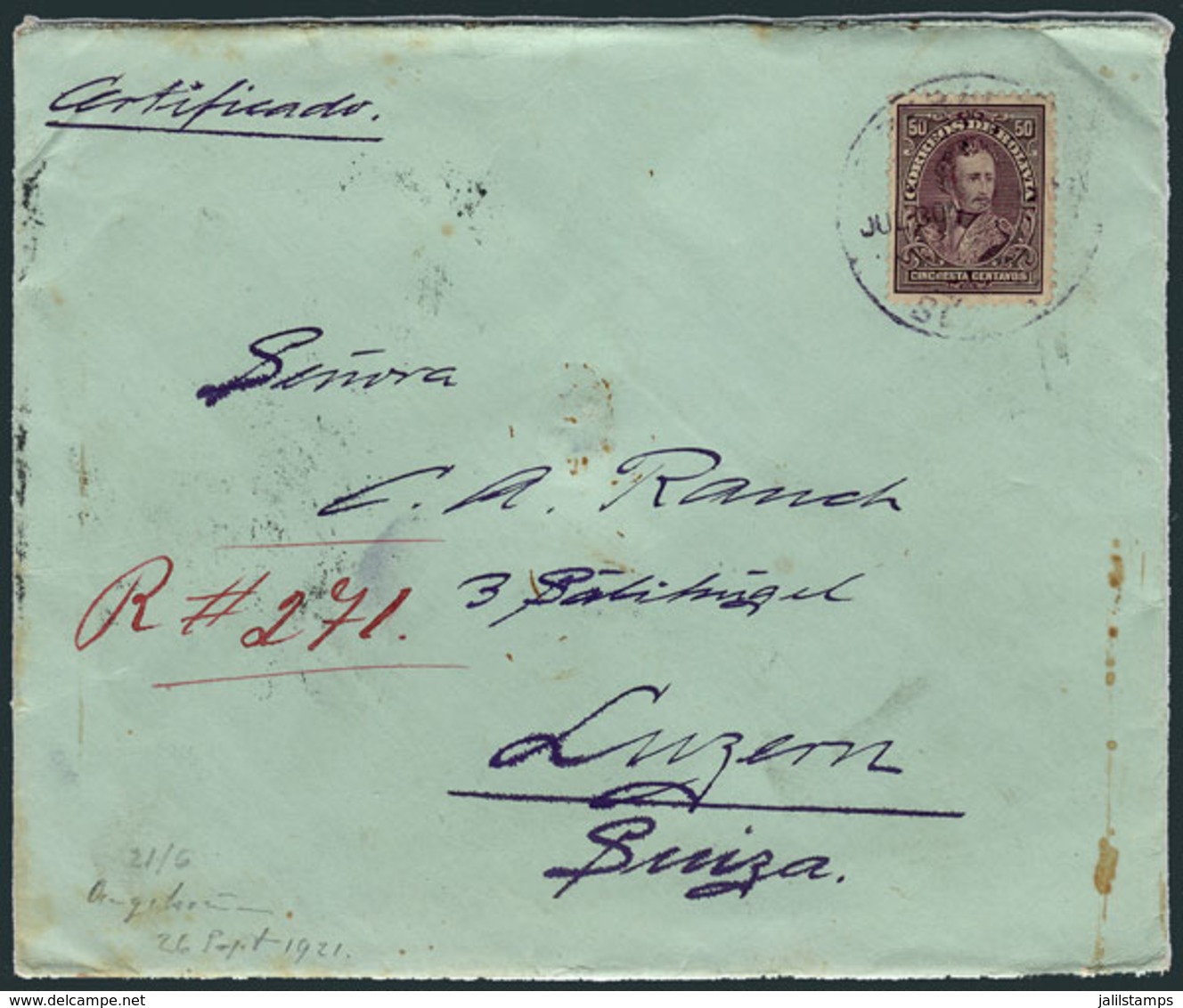 BOLIVIA: Registered Cover Franked By Sc.108 (Sucre 50c. Violet) ALONE, Sent From Beni To Switzerland On 30/JUL/1901, VF  - Bolivie