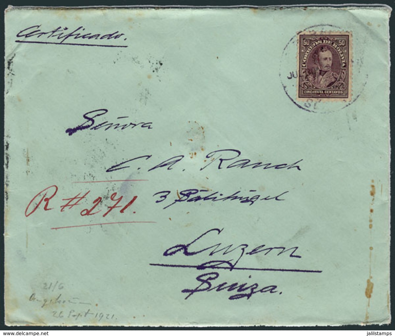BOLIVIA: Registered Cover Franked By Sc.108 (Sucre 50c. Violet) ALONE, Sent From Beni To Switzerland On 30/JUL/1901, VF  - Bolivia