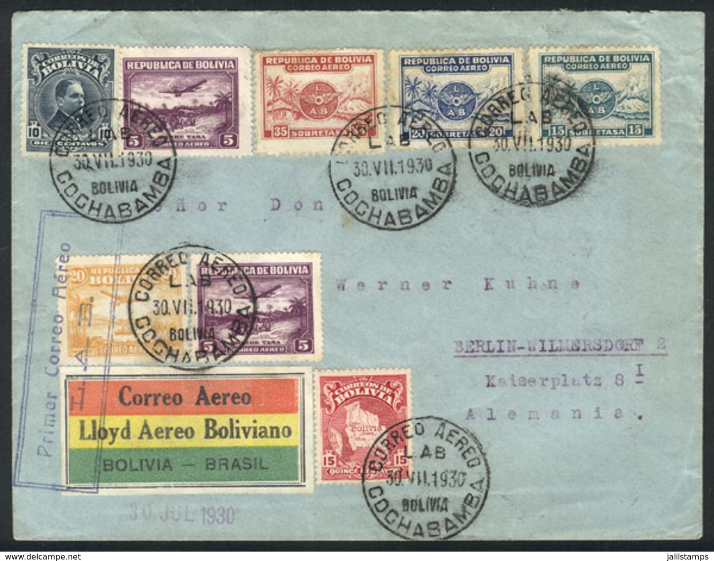 BOLIVIA: 30/JUL/1930 LAB First Airmail La Paz - Rio De Janeiro: Cover With Final Destination Germany, With Rio Arrival M - Bolivie