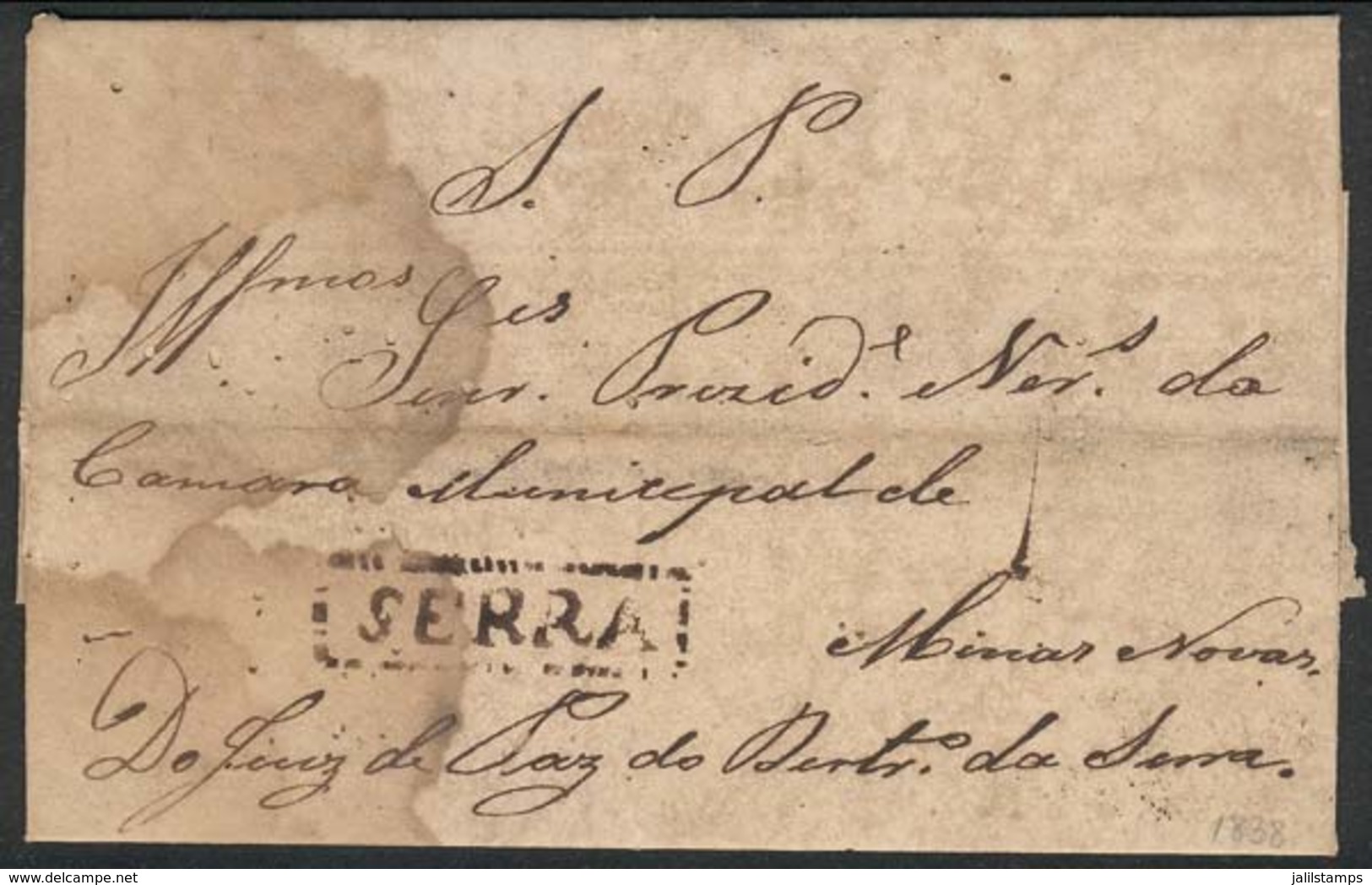 BRAZIL: Entire Letter To Minas Novas Dated 4/NO/1838, With Pre-stamp Mail Mark SERRA Inside Dotted Rectangle (RHM.P-MG-5 - Prefilatelia