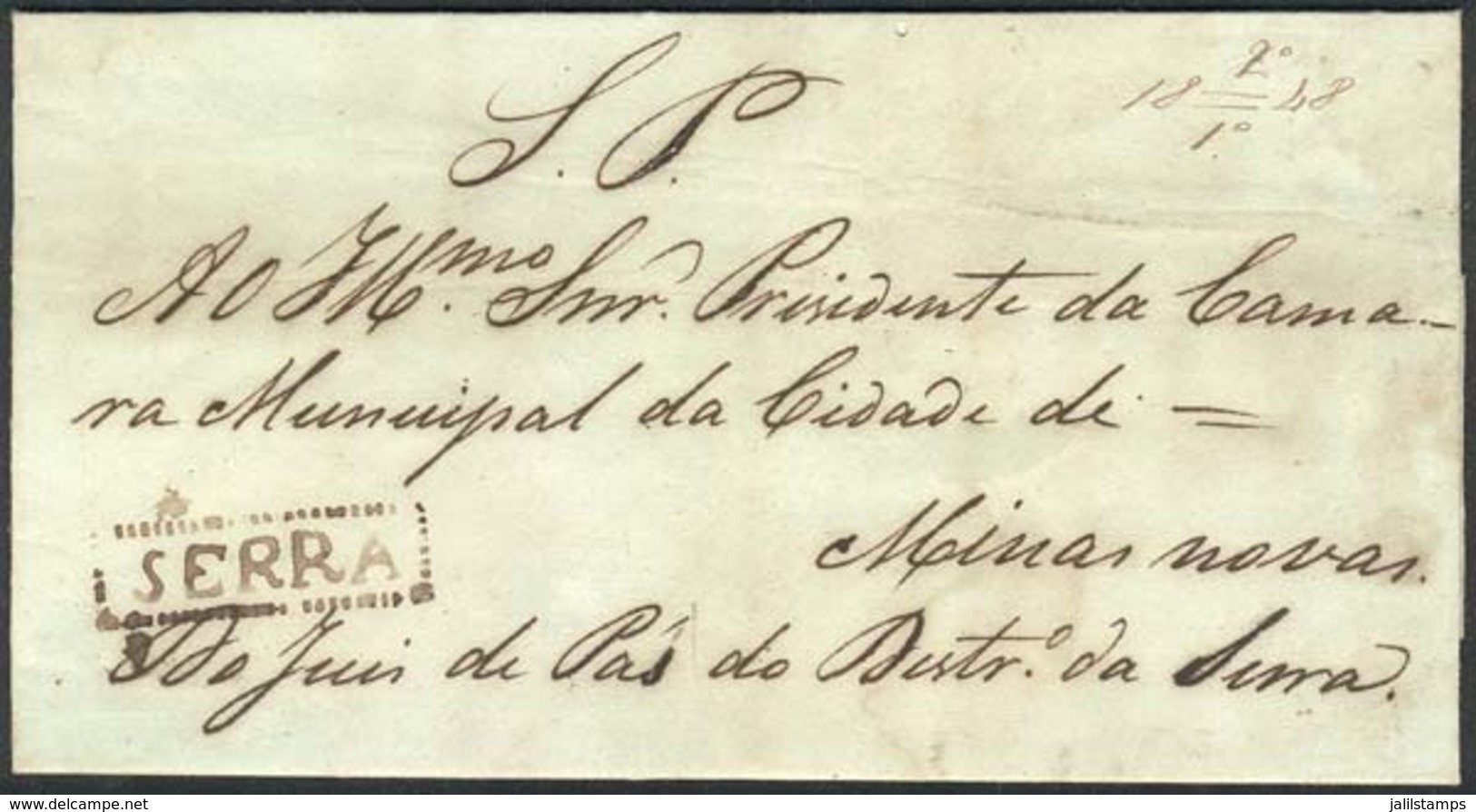 BRAZIL: Entire Letter To Minas Novas Dated 19/DE/1847, With Pre-stamp Mail Mark SERRA Inside Dotted Rectangle (RHM.P-MG- - Préphilatélie