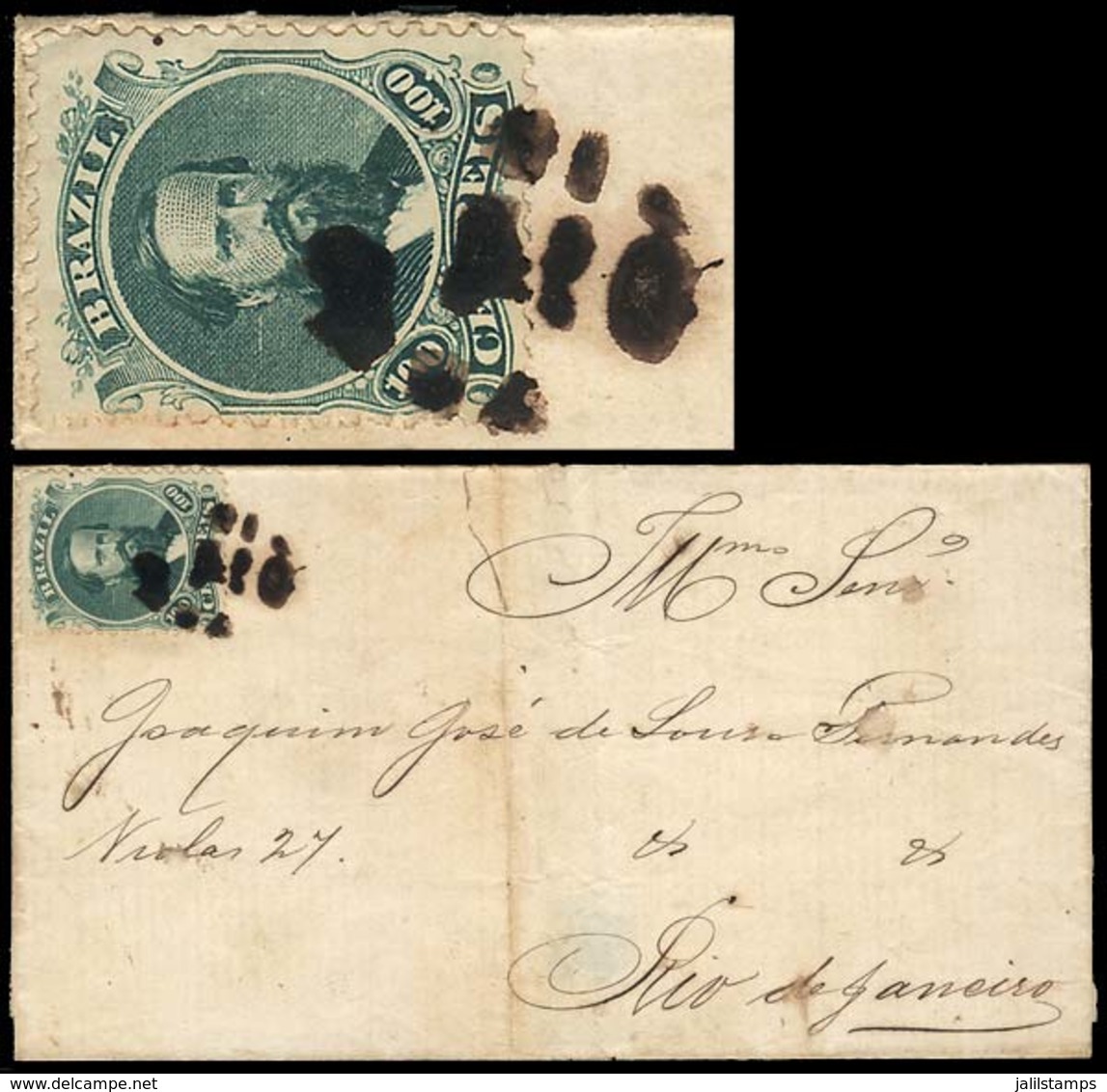 BRAZIL: Folded Cover Franked With 100Rs. Of 1866, Interesting Cancel, Sent To Rio, With Arrival Backstamp Of 6/JA/1875,  - Vorphilatelie